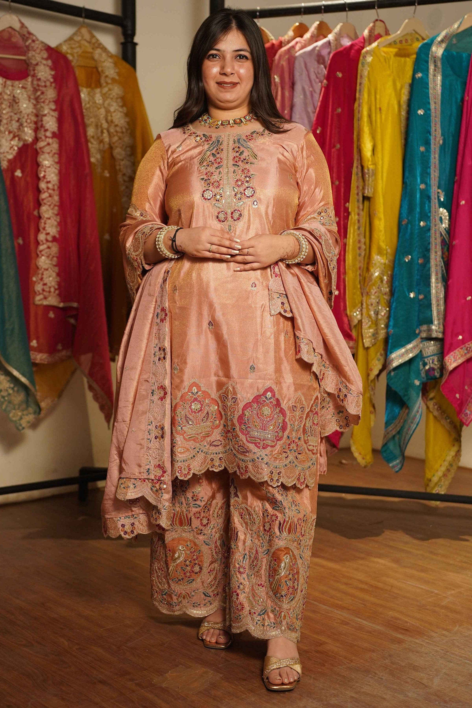 Rehaya Tissue Shimmer Embroidered Sharara Suit