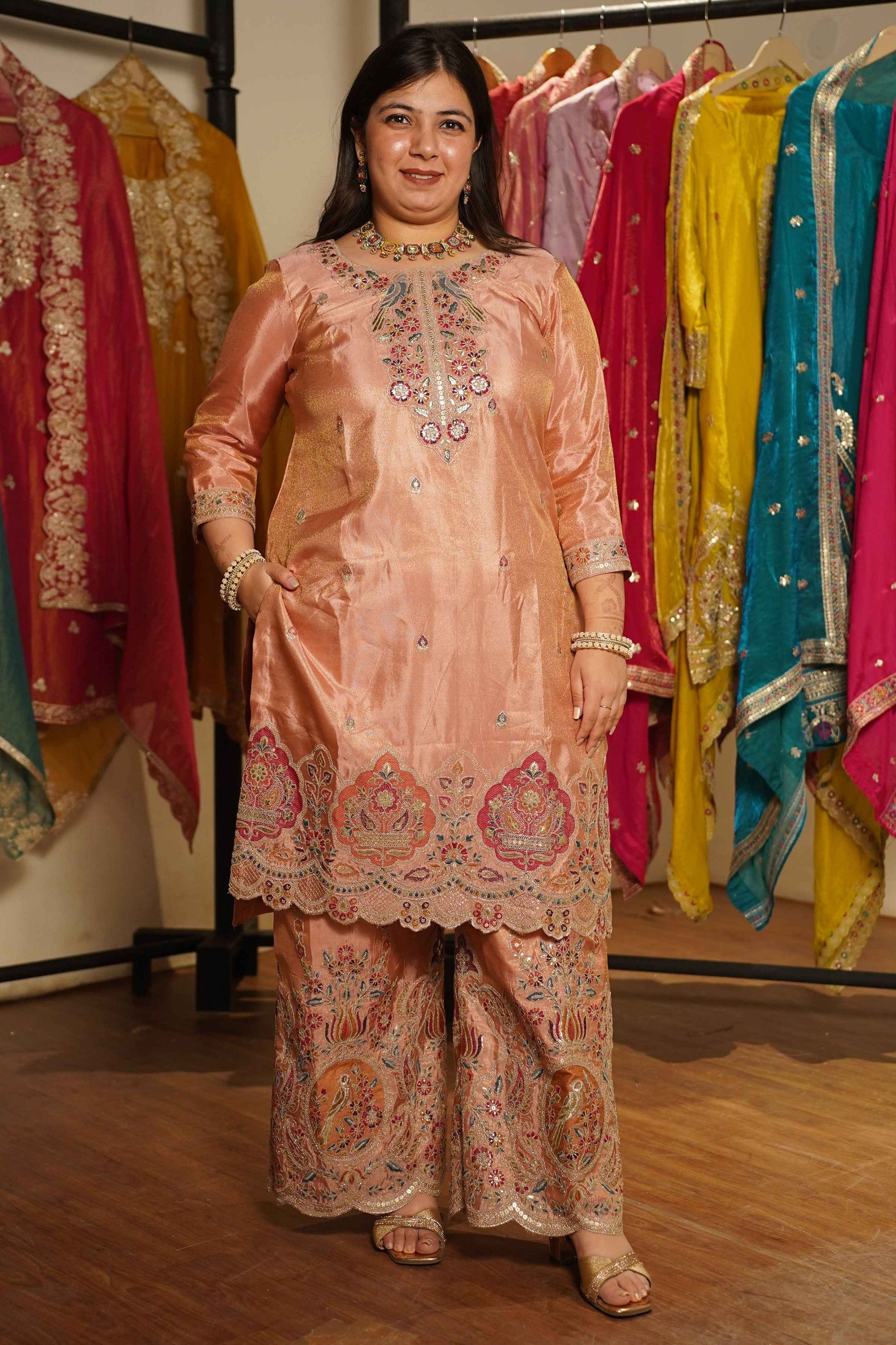 Rehaya Tissue Shimmer Embroidered Sharara Suit