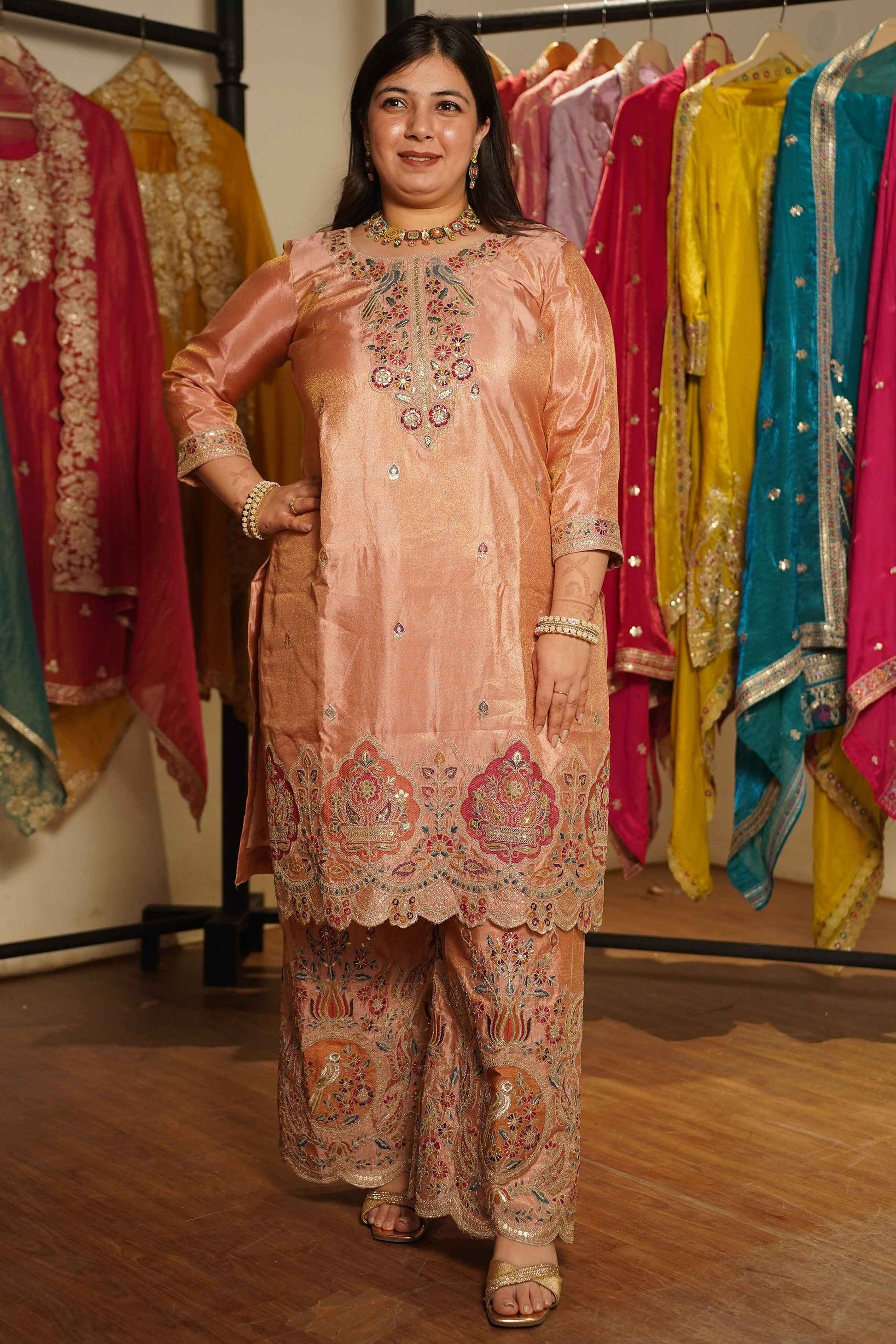 Rehaya Tissue Shimmer Embroidered Sharara Suit