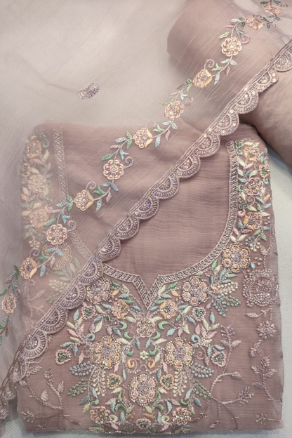 Pink Crushed Tissue Suit With Handwork
