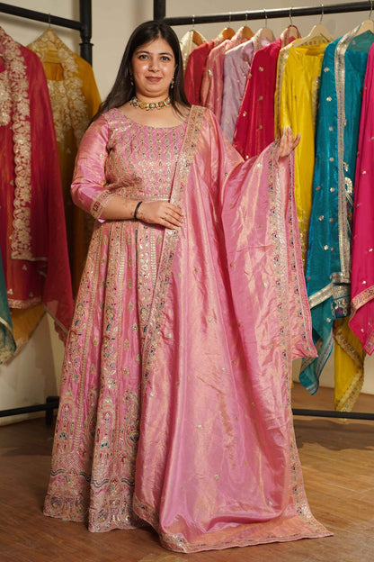 Ruhaya Rosé Tissue Zari Embroidered Dress