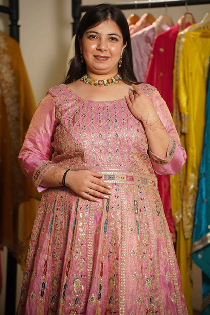 Ruhaya Rosé Tissue Zari Embroidered Dress