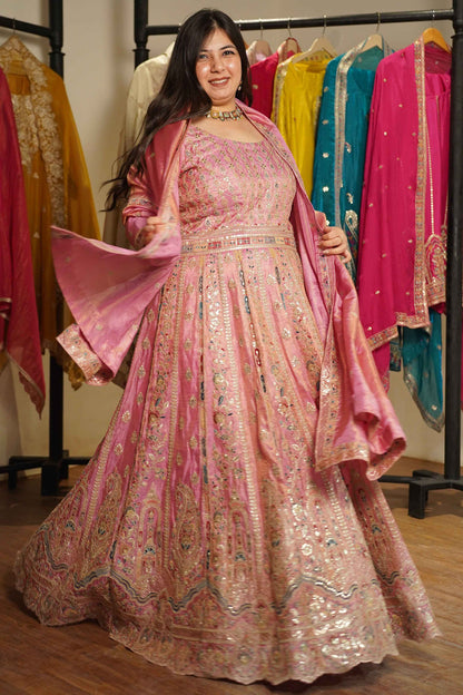 Ruhaya Rosé Tissue Zari Embroidered Dress