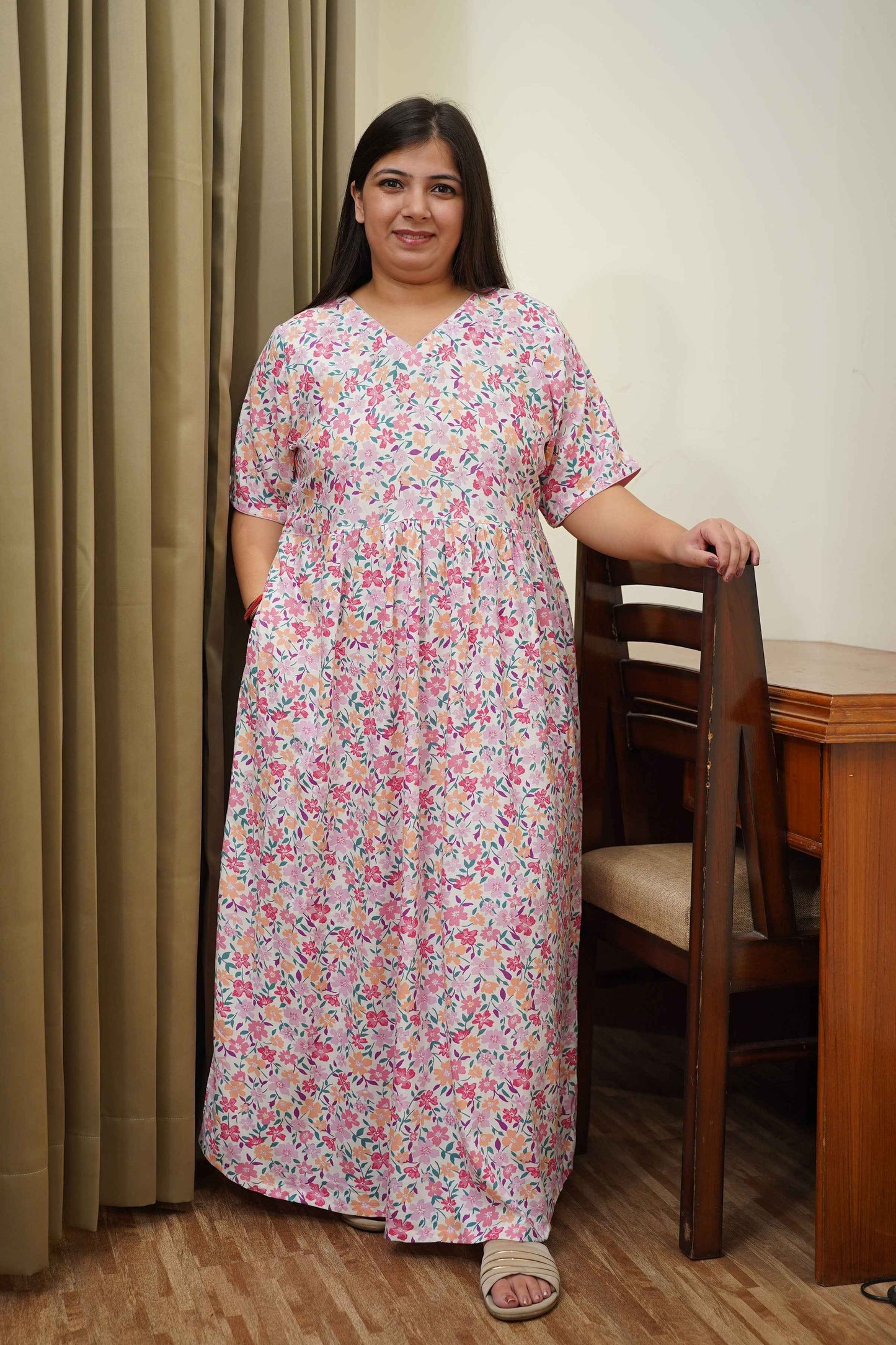 Pink Floral Rayon Night Gown