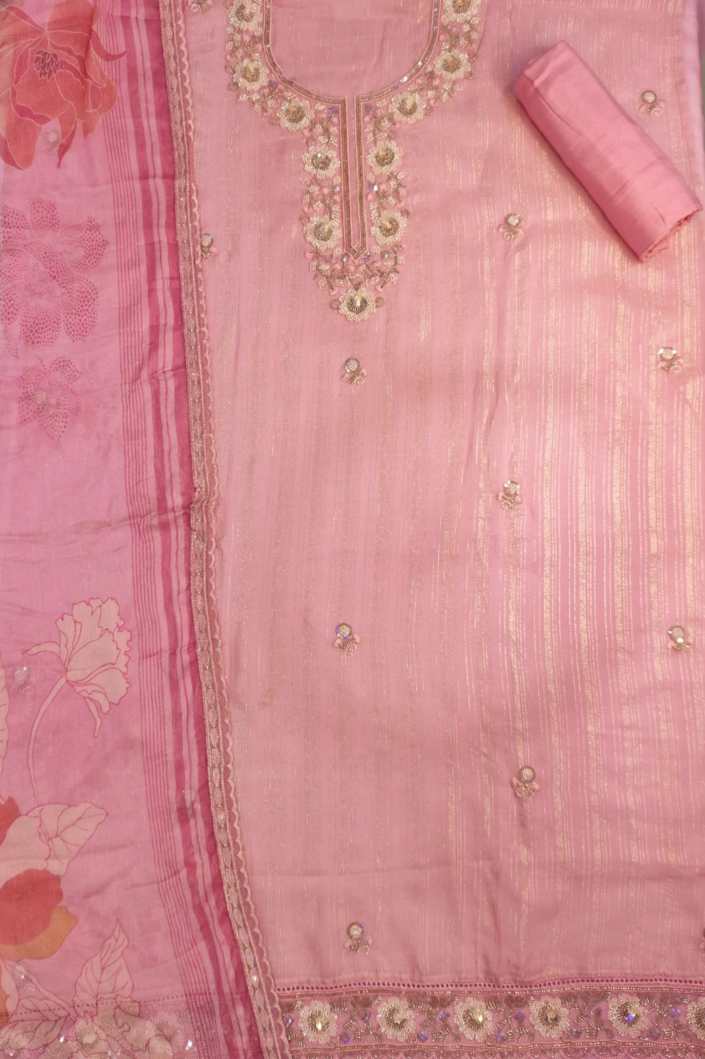 Pink Organza Sequined Unstitched Suit