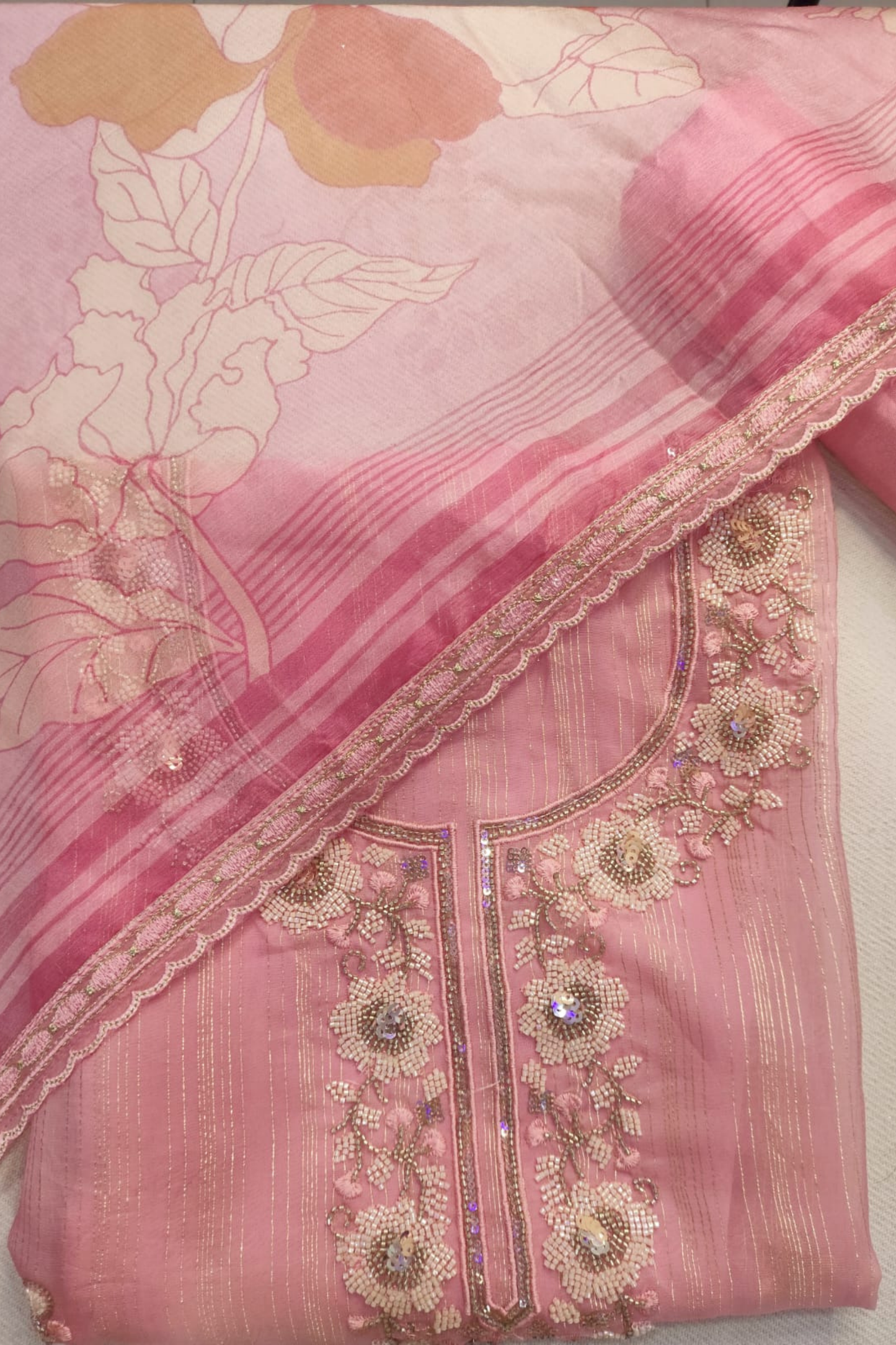 Pink Organza Sequined Unstitched Suit