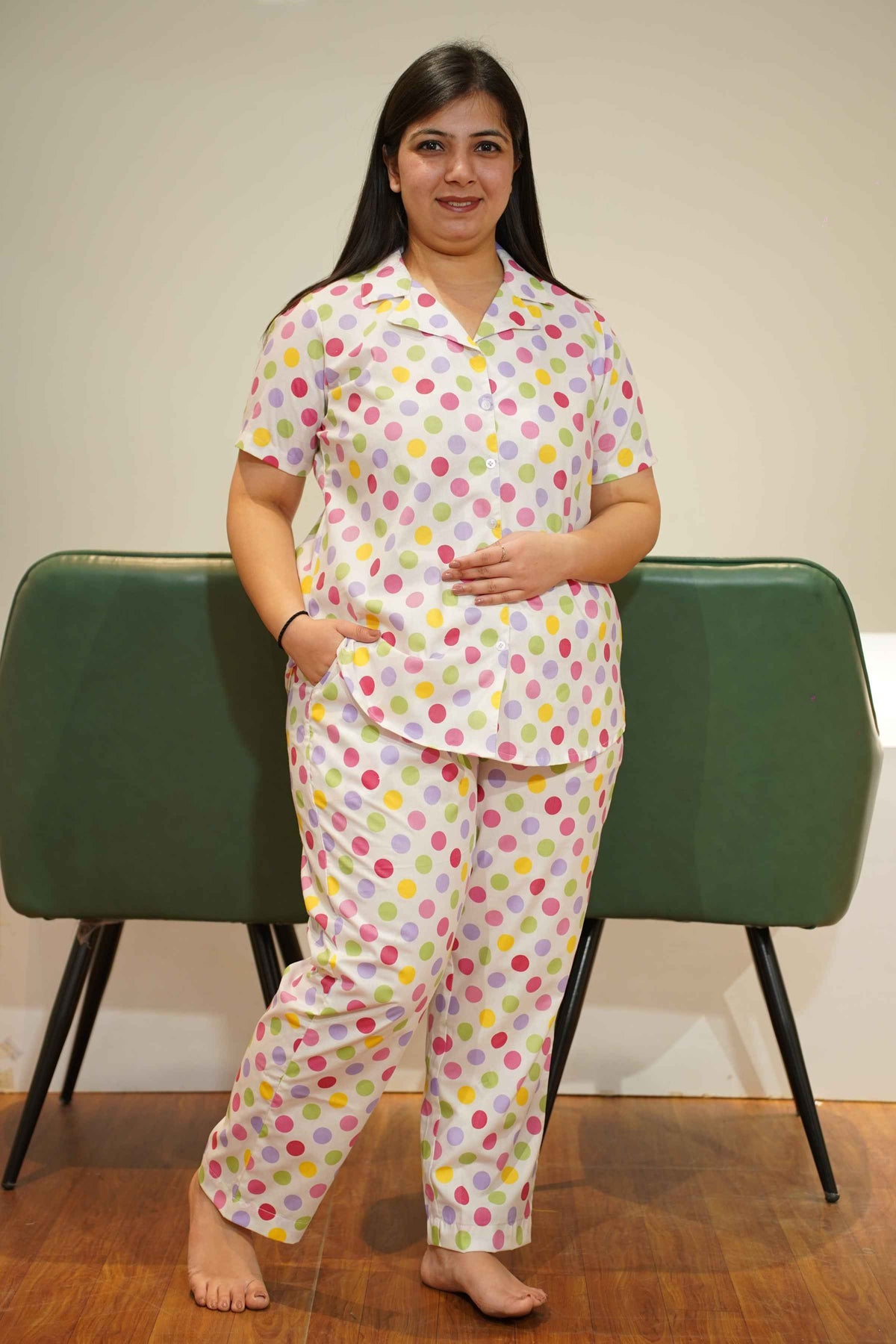 Buy Plus Size ​Pink Polka Cotton Night Suit At Apella | Sizes XS to 10 XL | India | Free Delivery | Customized