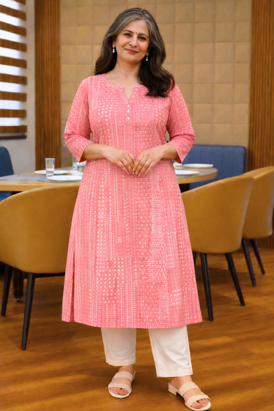 Carmine Pink Printed Cotton Kali Kurta