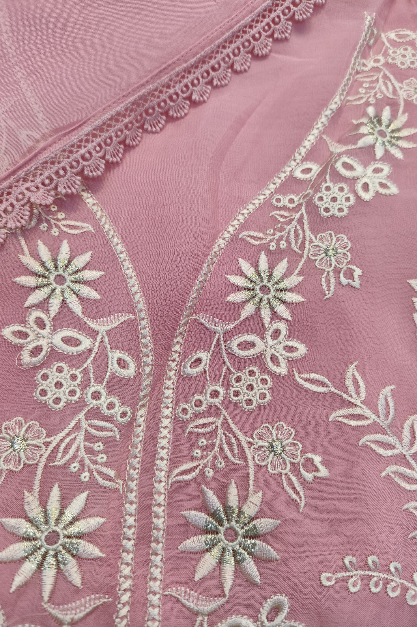Soft Pink Organza Suit With Schiffli Work