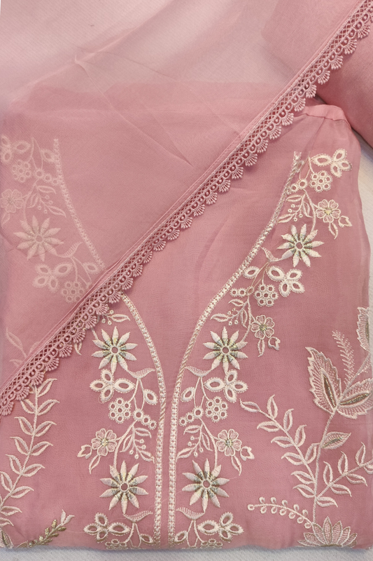 Soft Pink Organza Suit With Schiffli Work