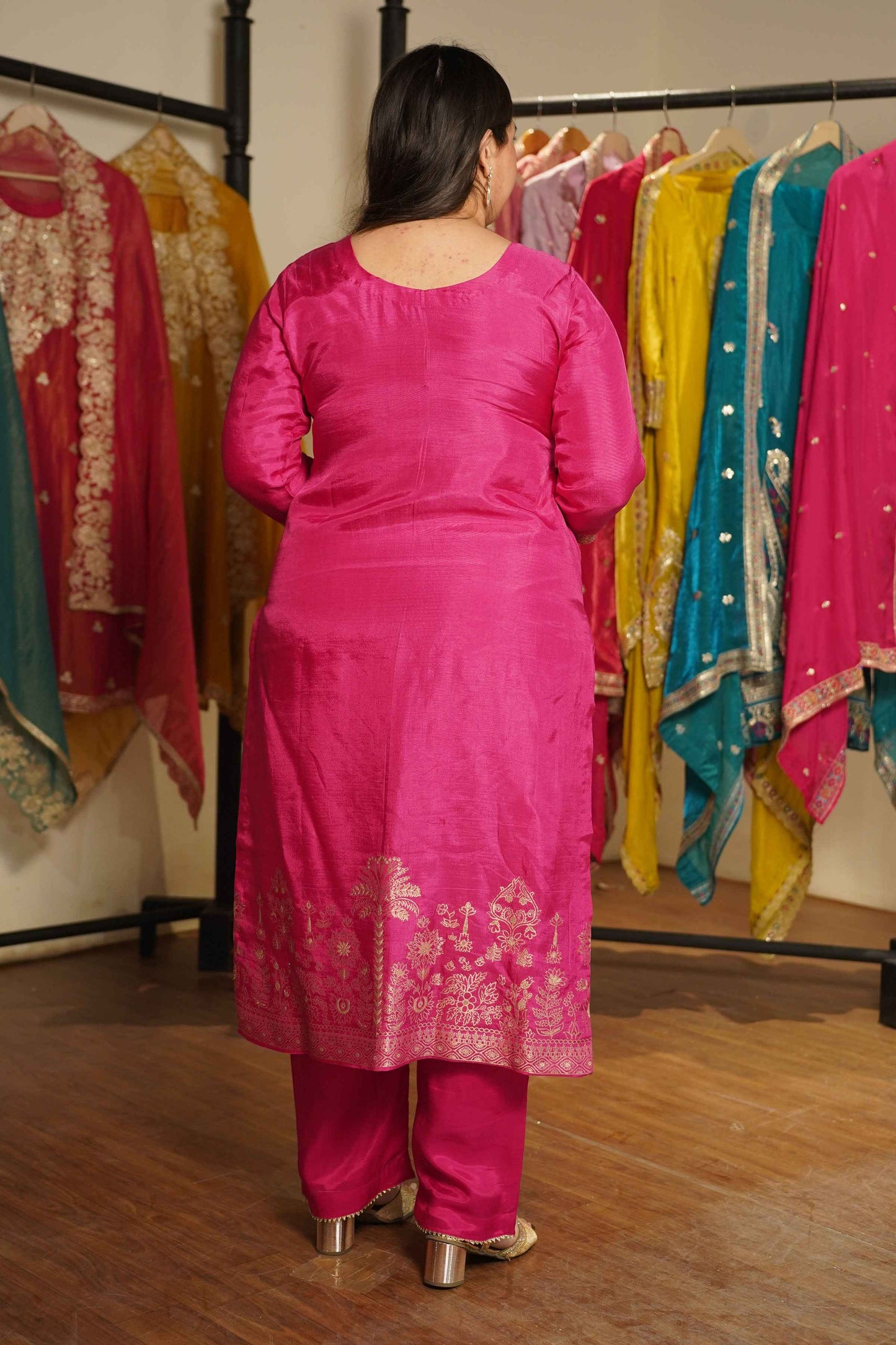 Raavia Magenta Silk Suit With Jacquard Weave