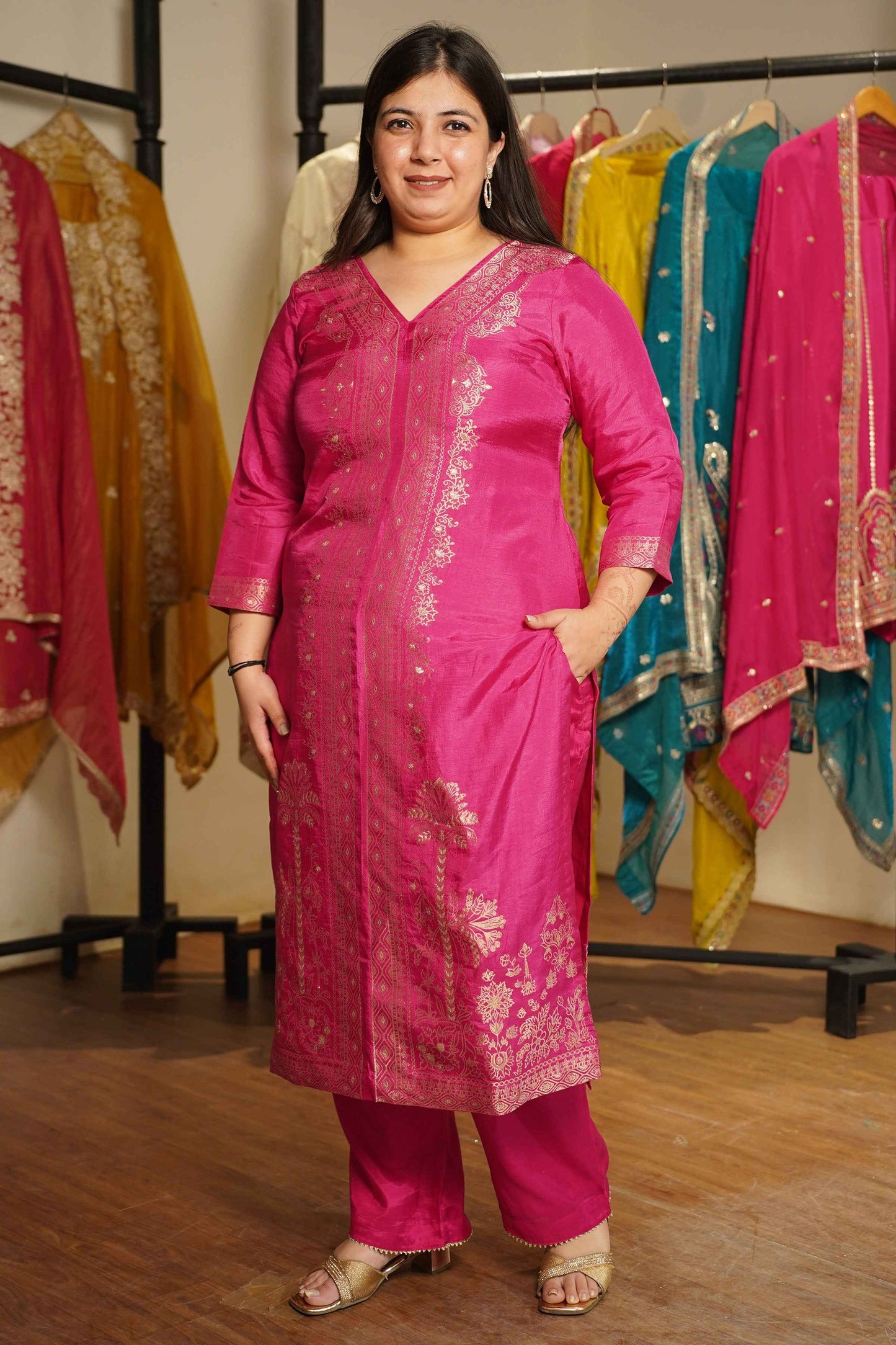 Raavia Magenta Silk Suit With Jacquard Weave