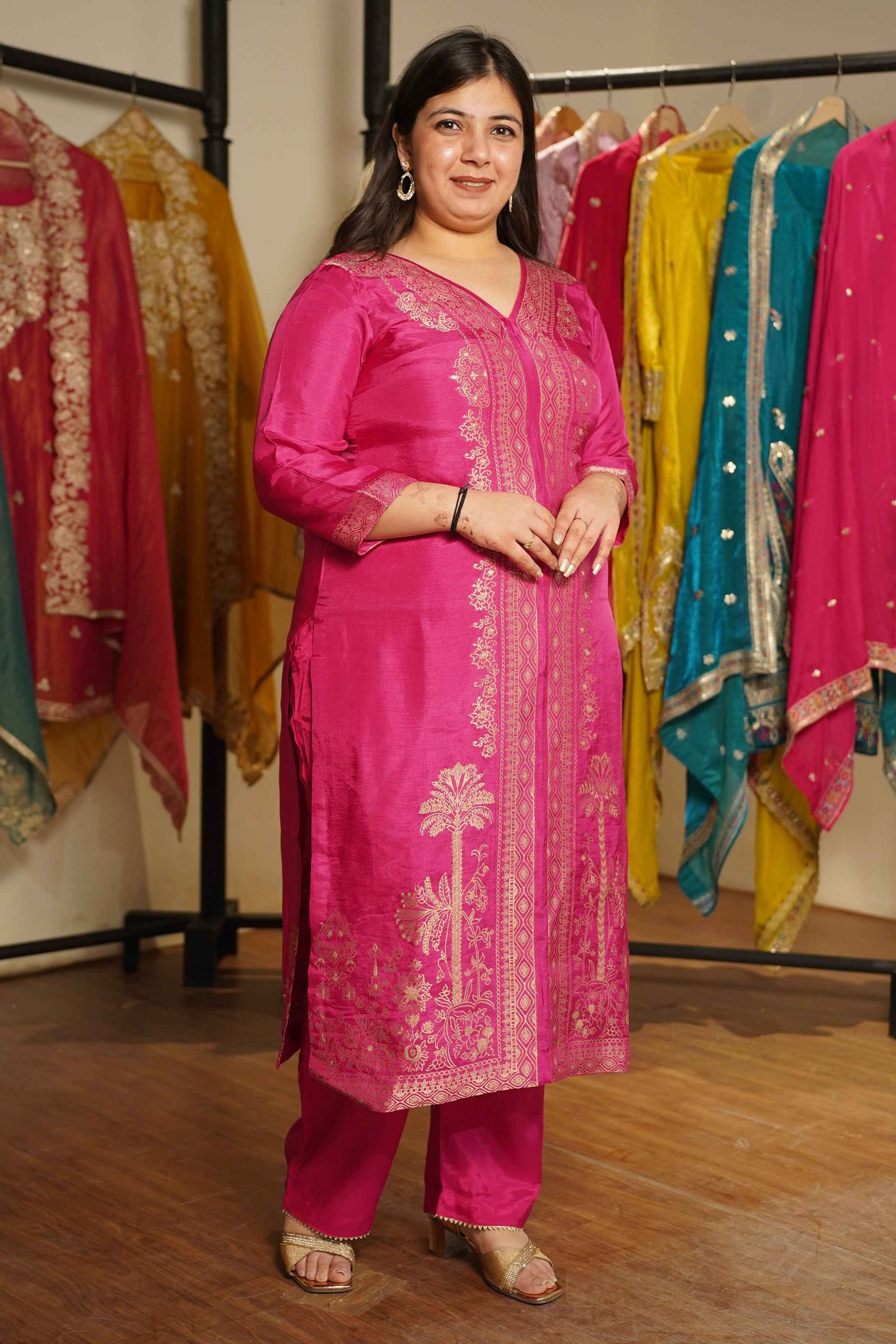 Raavia Magenta Silk Suit With Jacquard Weave