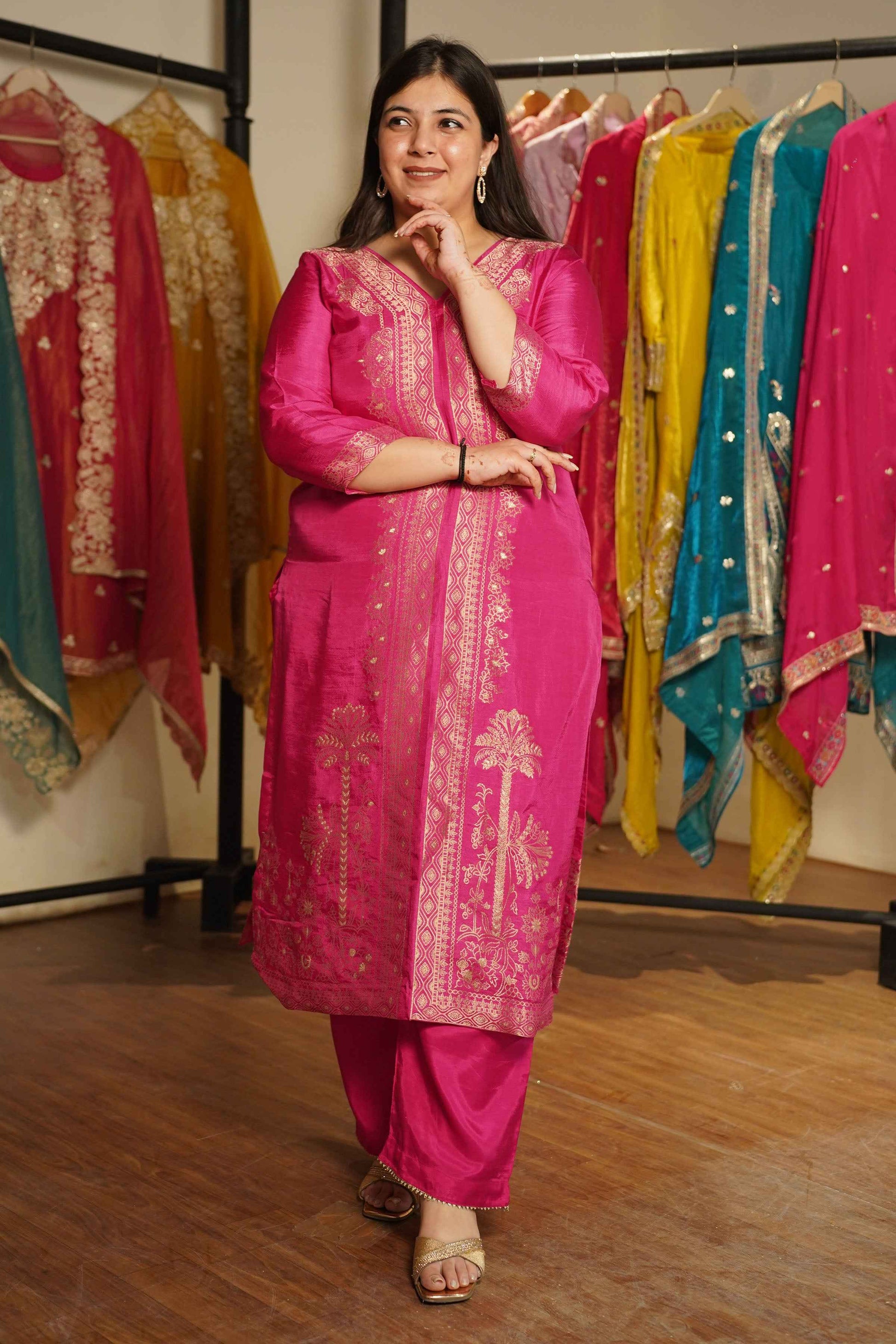 Raavia Magenta Silk Suit With Jacquard Weave