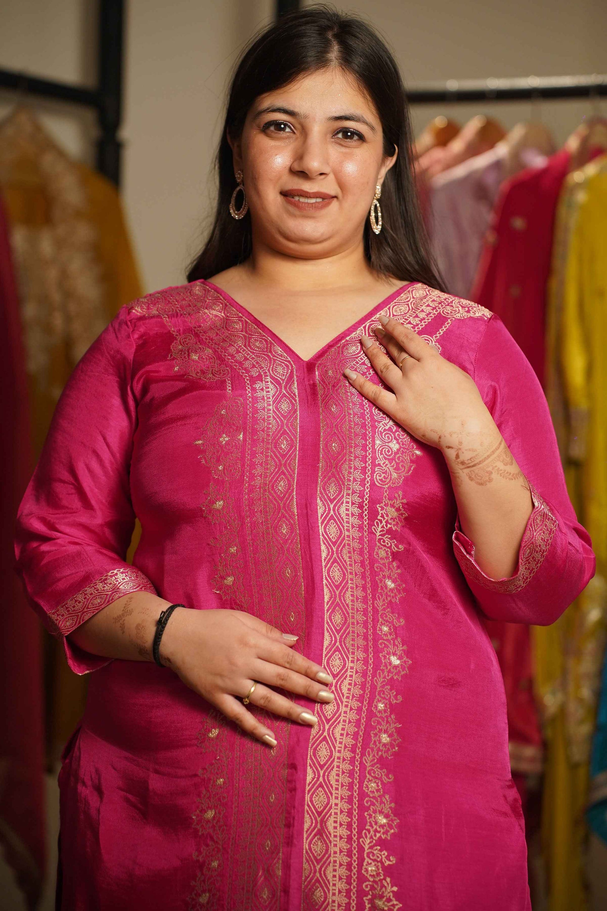 Raavia Magenta Silk Suit With Jacquard Weave
