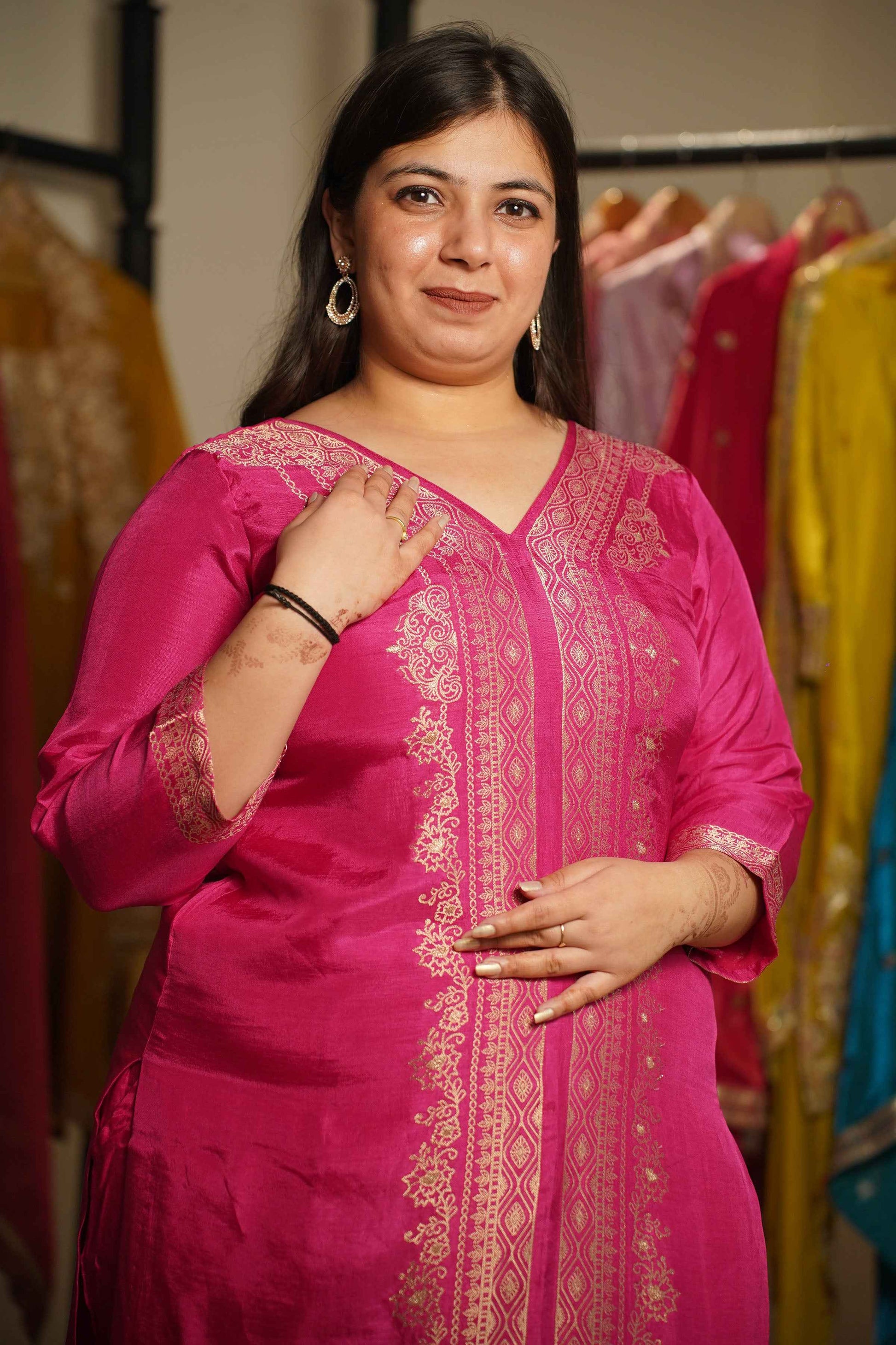 Raavia Magenta Silk Suit With Jacquard Weave