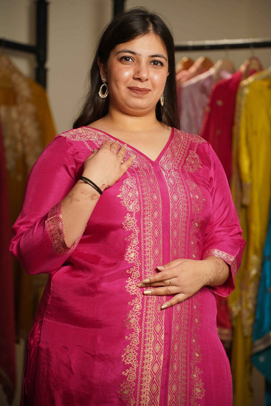 Raavia Magenta Silk Suit With Jacquard Weave