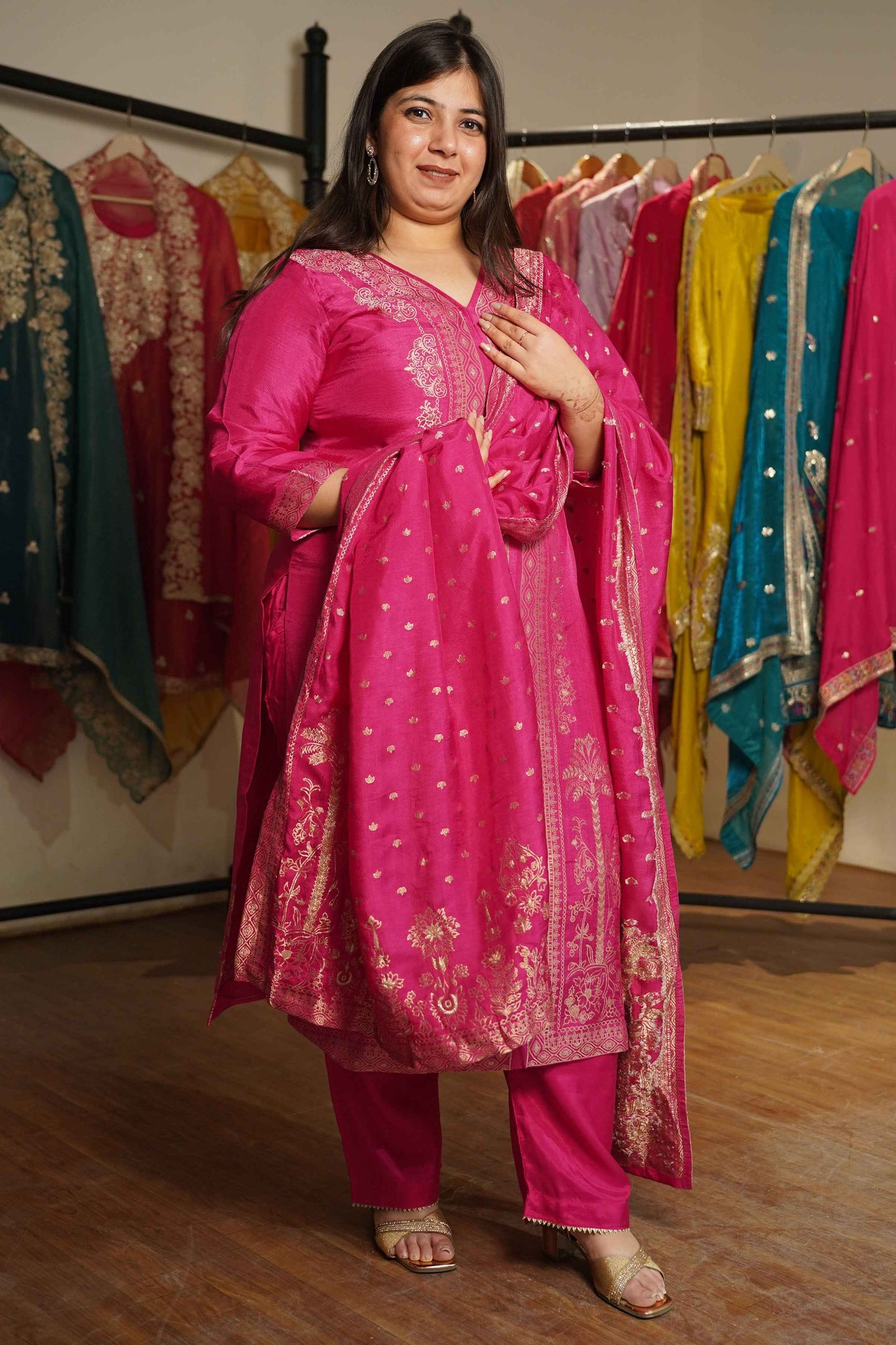 Raavia Magenta Silk Suit With Jacquard Weave