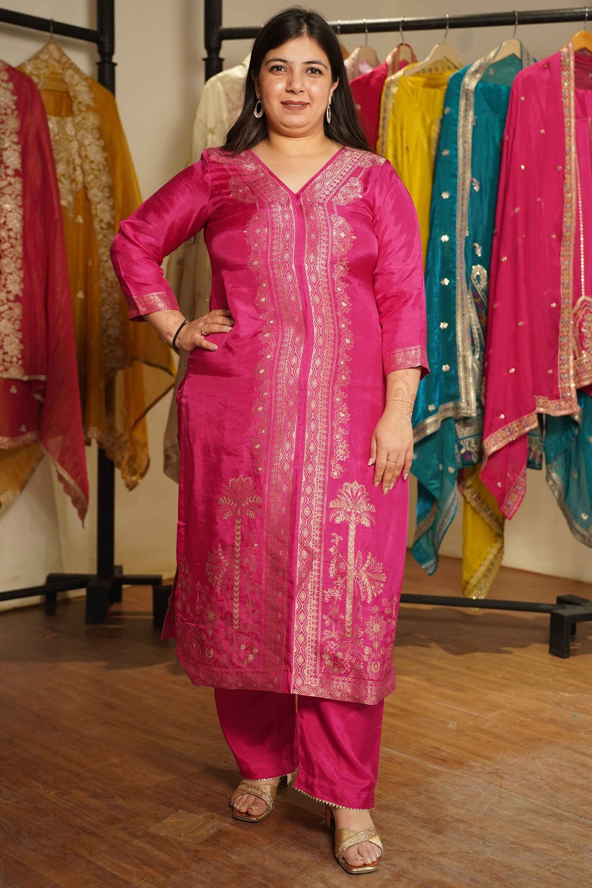 Raavia Magenta Silk Suit With Jacquard Weave