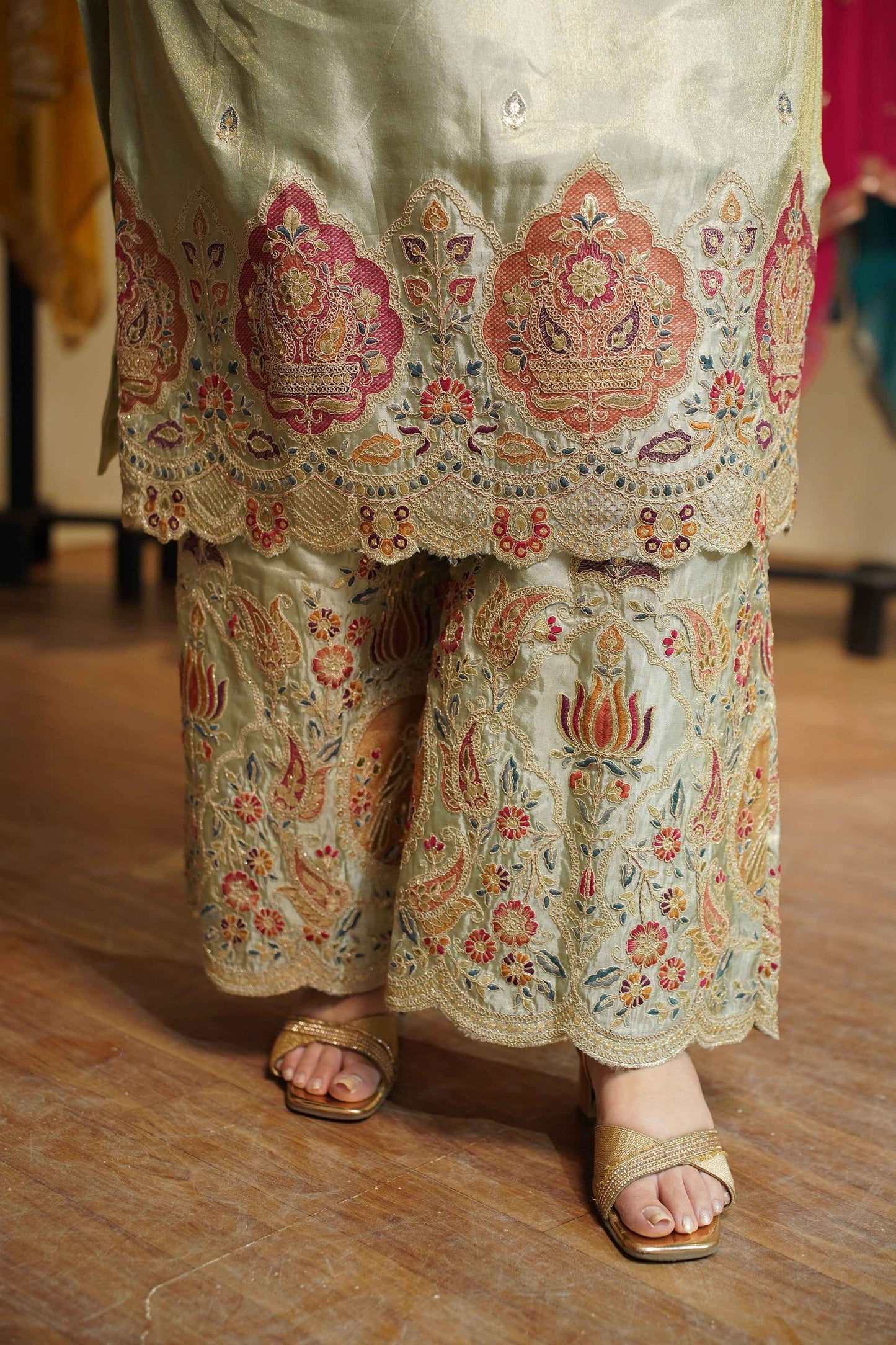 Zavira Tissue Shimmer Embroidered Sharara Suit