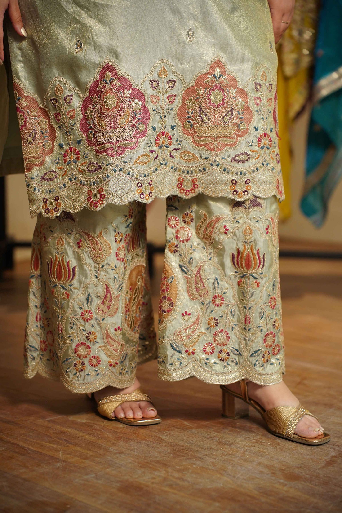 Zavira Tissue Shimmer Embroidered Sharara Suit