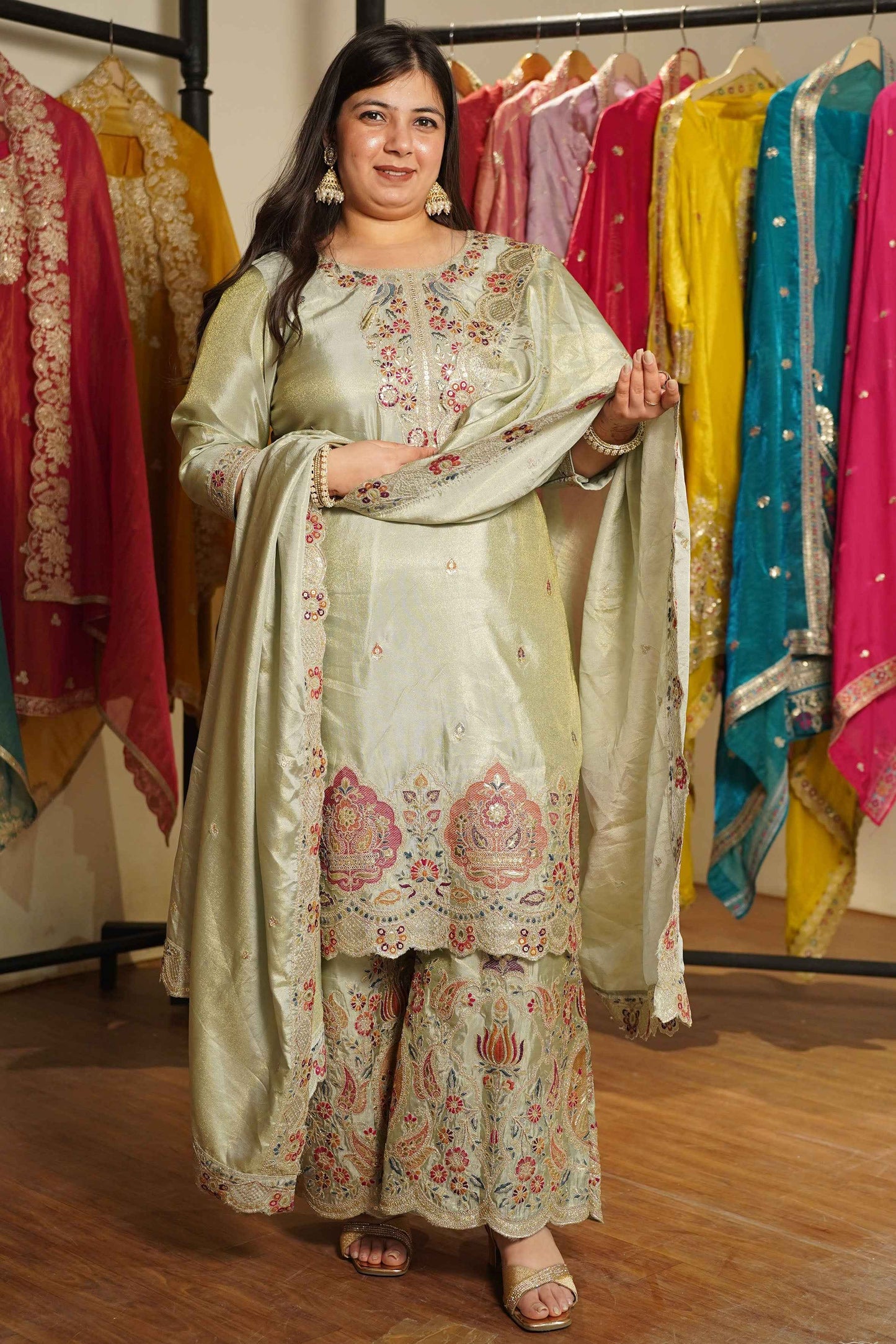 Zavira Tissue Shimmer Embroidered Sharara Suit