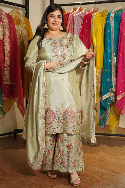 Zavira Tissue Shimmer Embroidered Sharara Suit