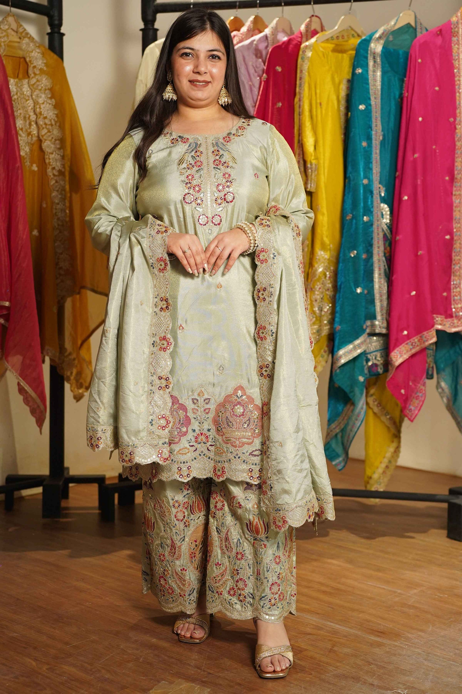 Zavira Tissue Shimmer Embroidered Sharara Suit