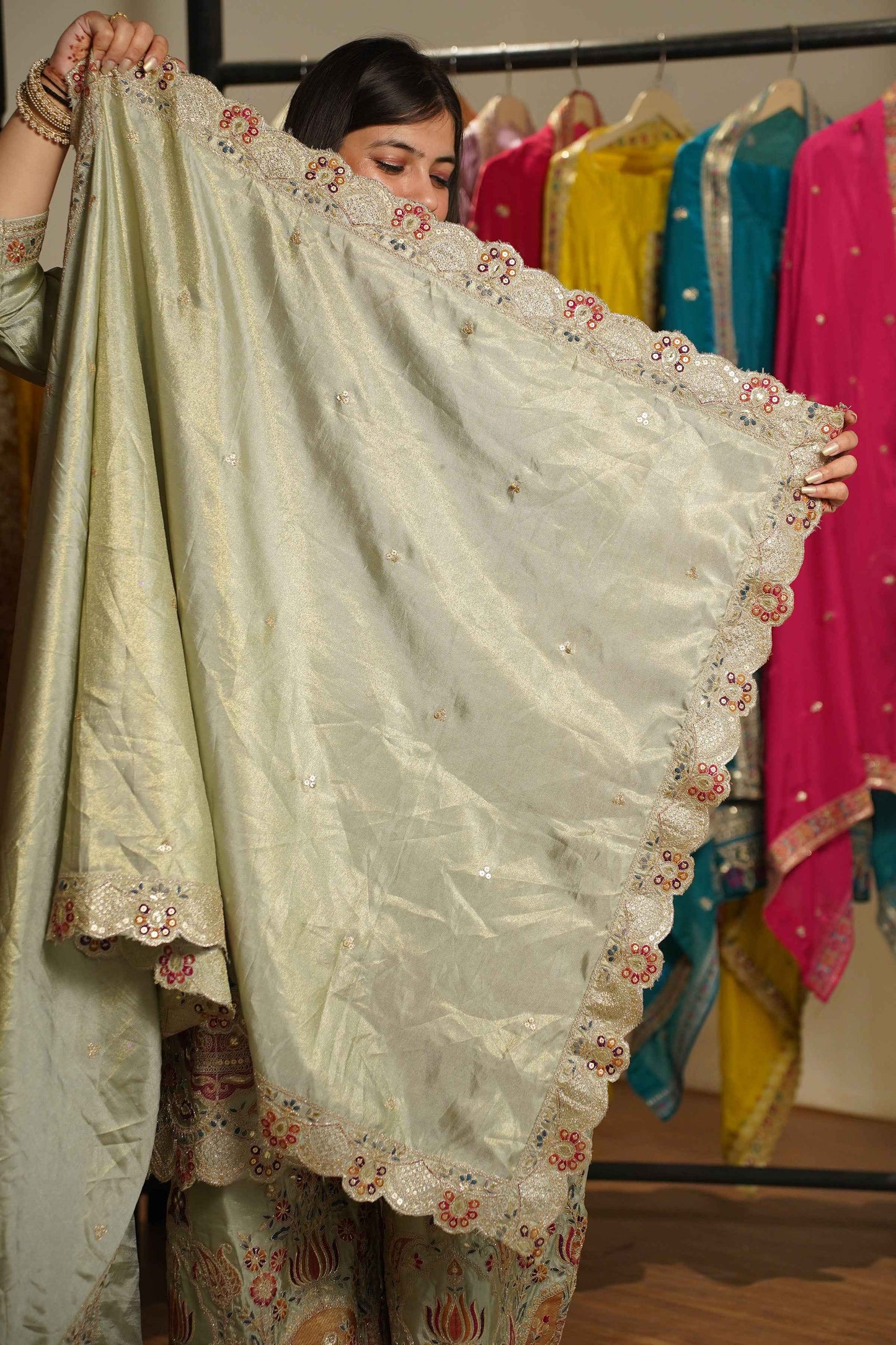 Zavira Tissue Shimmer Embroidered Sharara Suit