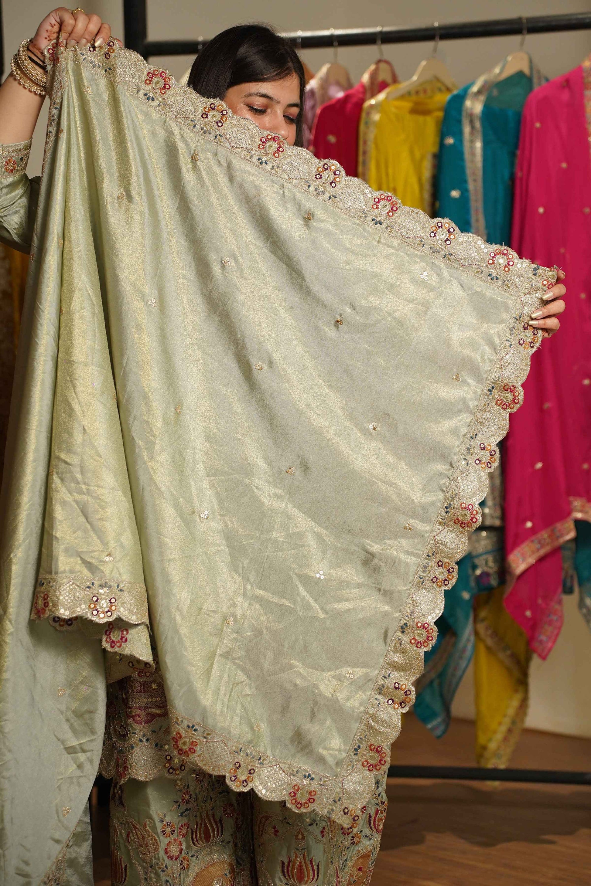 Zavira Tissue Shimmer Embroidered Sharara Suit