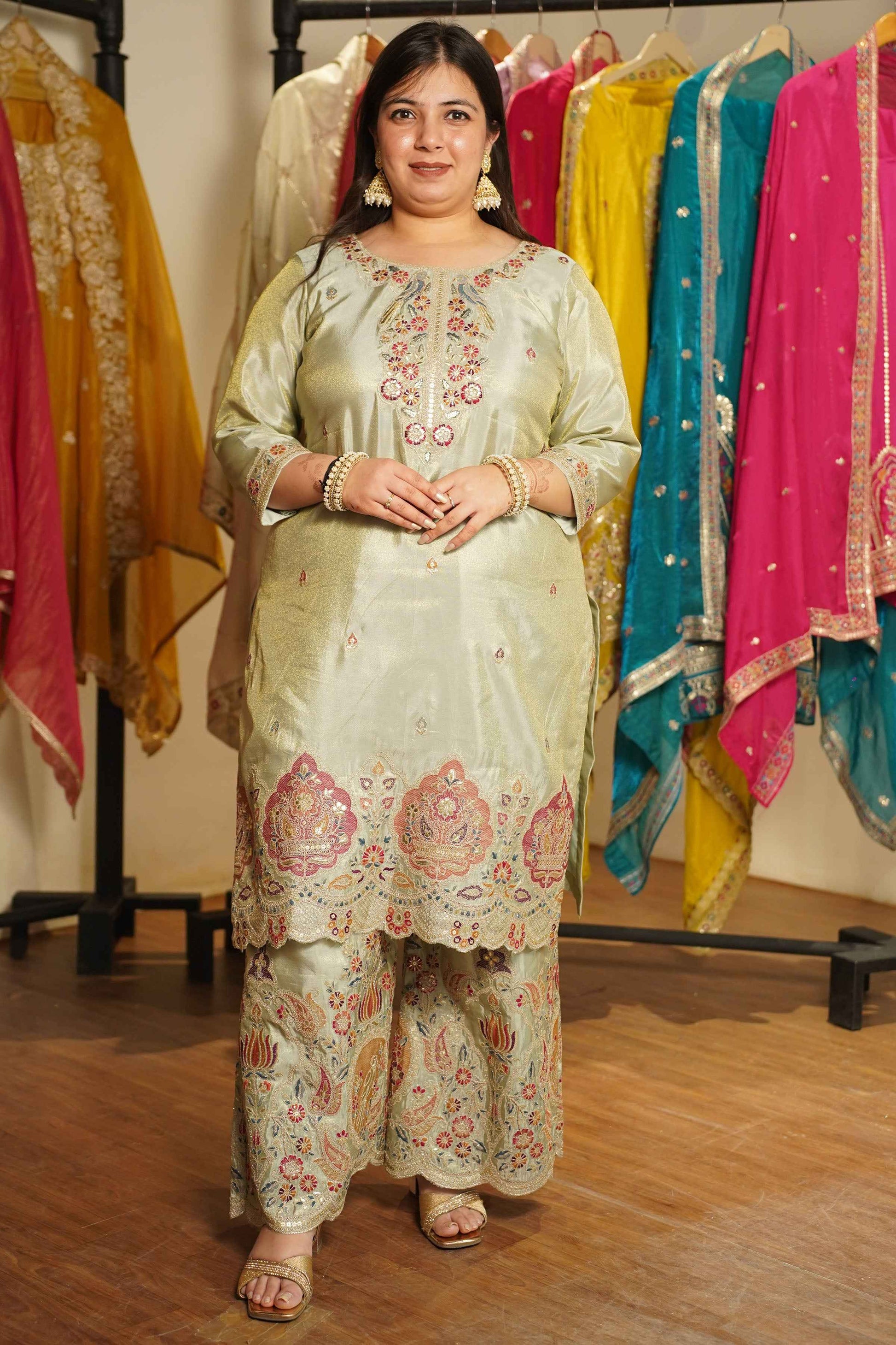 Zavira Tissue Shimmer Embroidered Sharara Suit