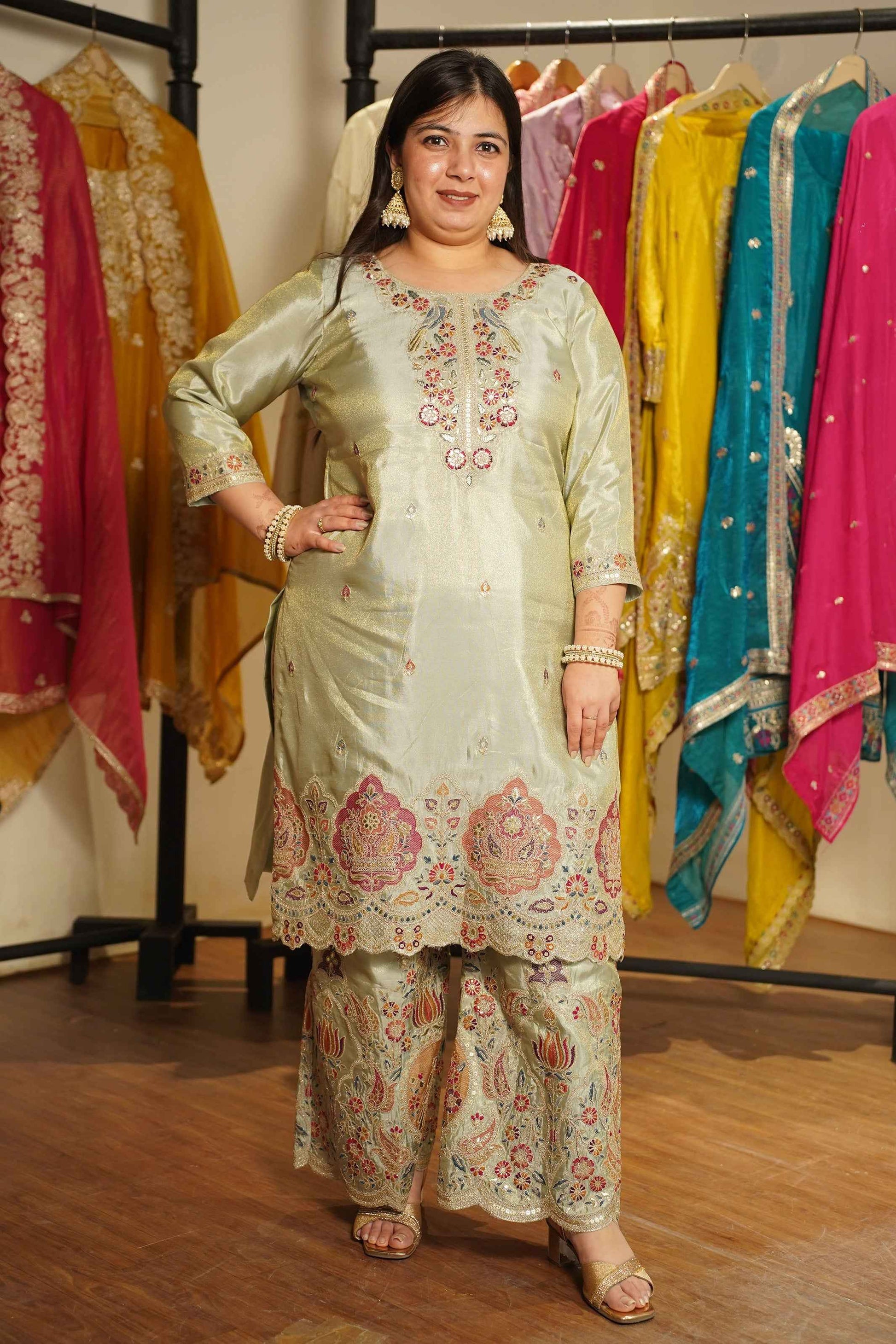 Zavira Tissue Shimmer Embroidered Sharara Suit