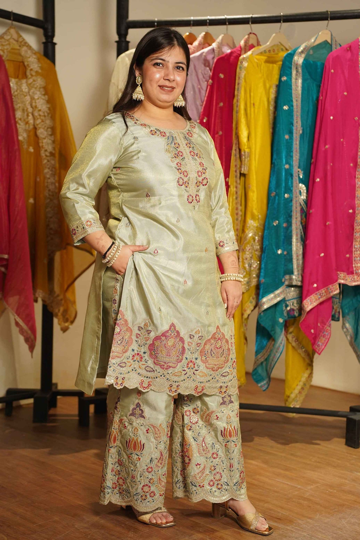 Zavira Tissue Shimmer Embroidered Sharara Suit