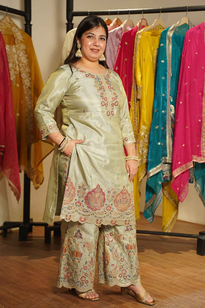 Zavira Tissue Shimmer Embroidered Sharara Suit