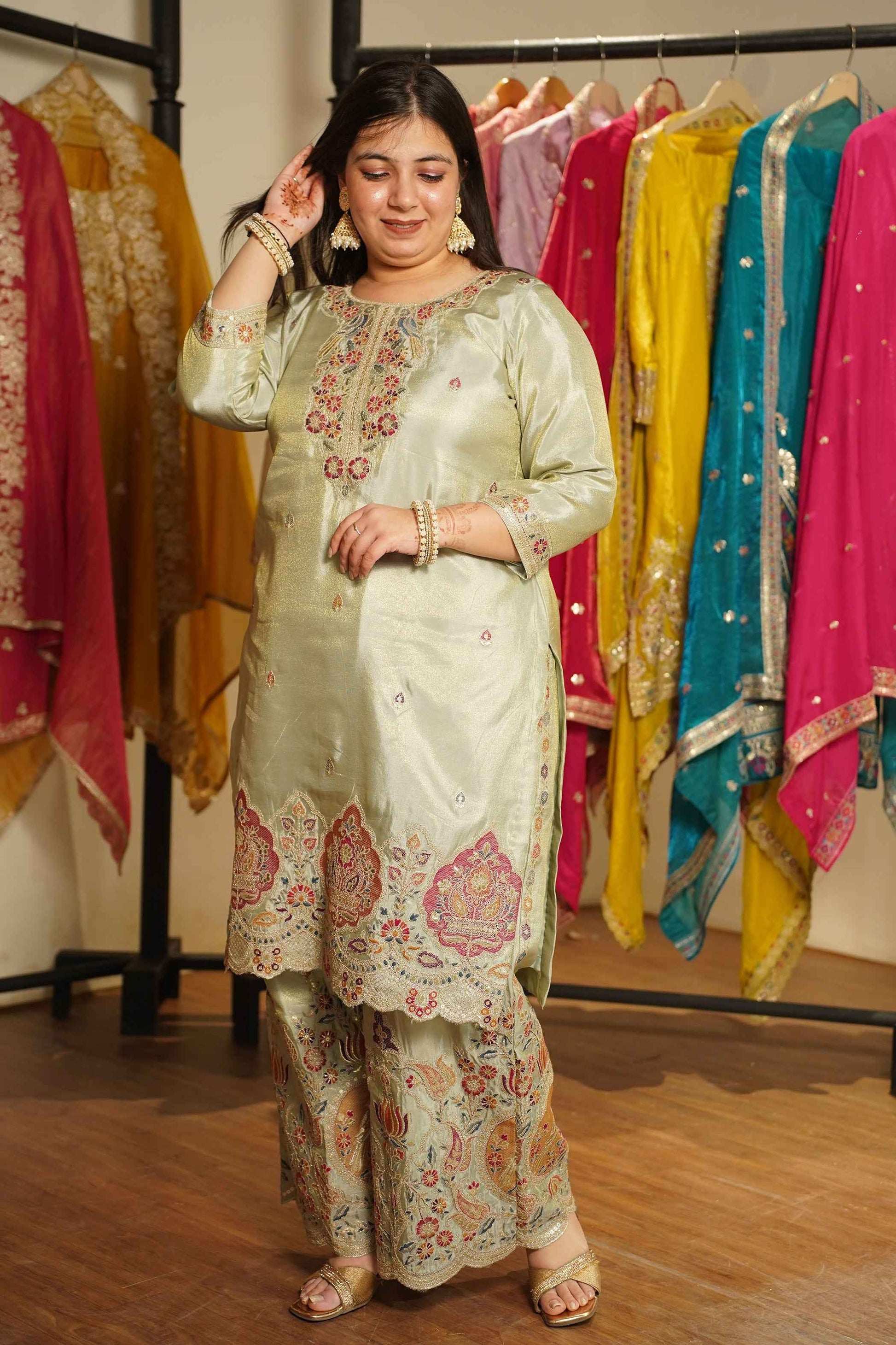 Zavira Tissue Shimmer Embroidered Sharara Suit