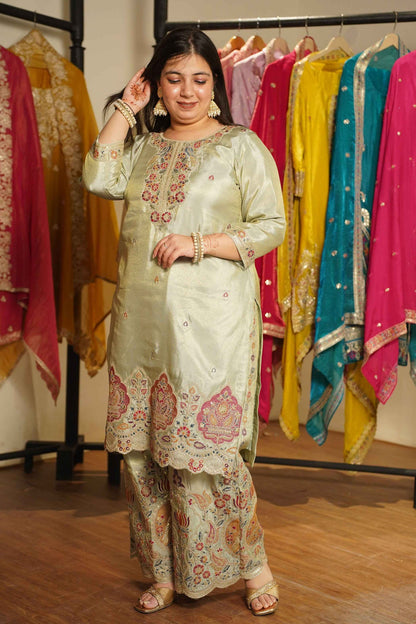 Zavira Tissue Shimmer Embroidered Sharara Suit