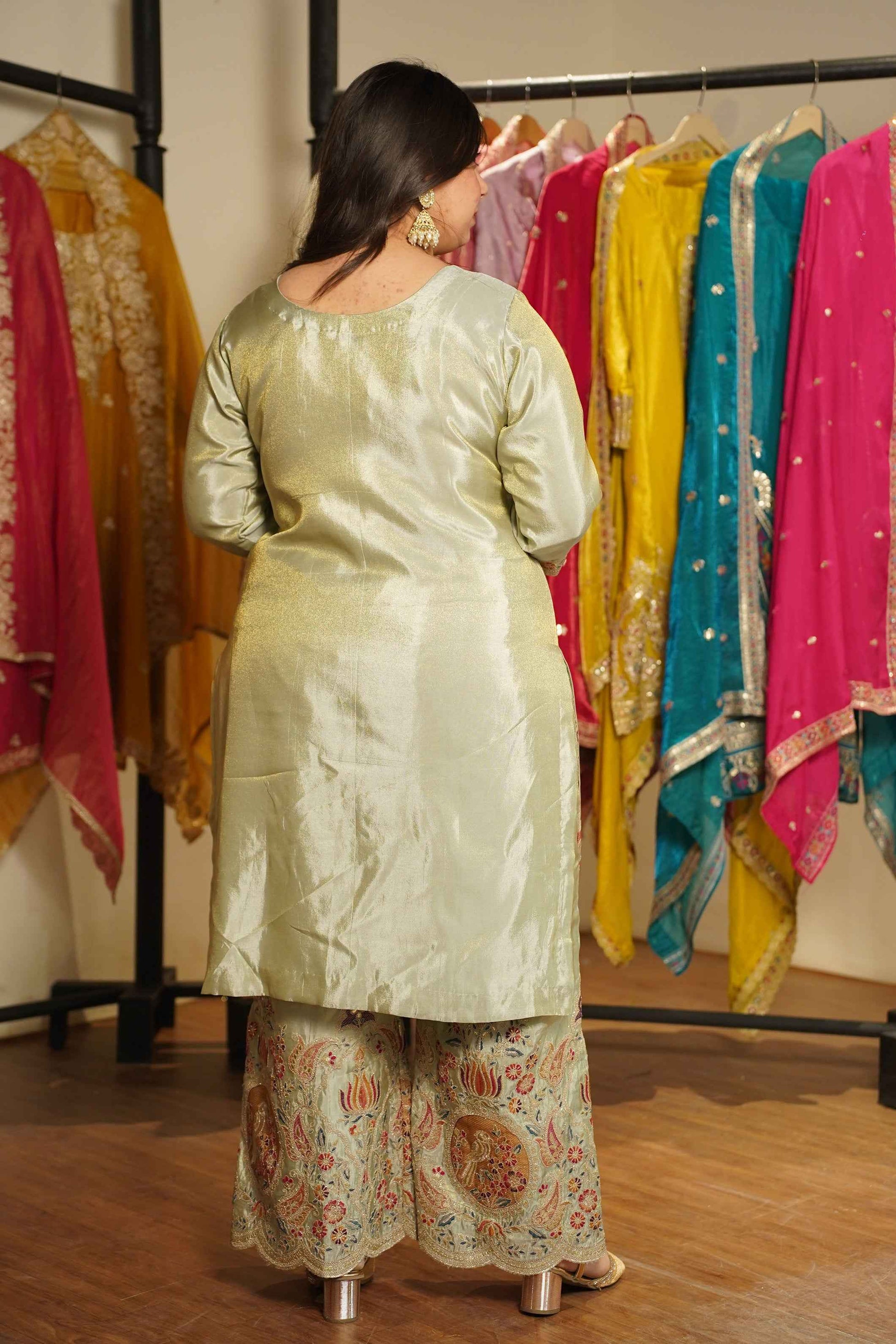 Zavira Tissue Shimmer Embroidered Sharara Suit