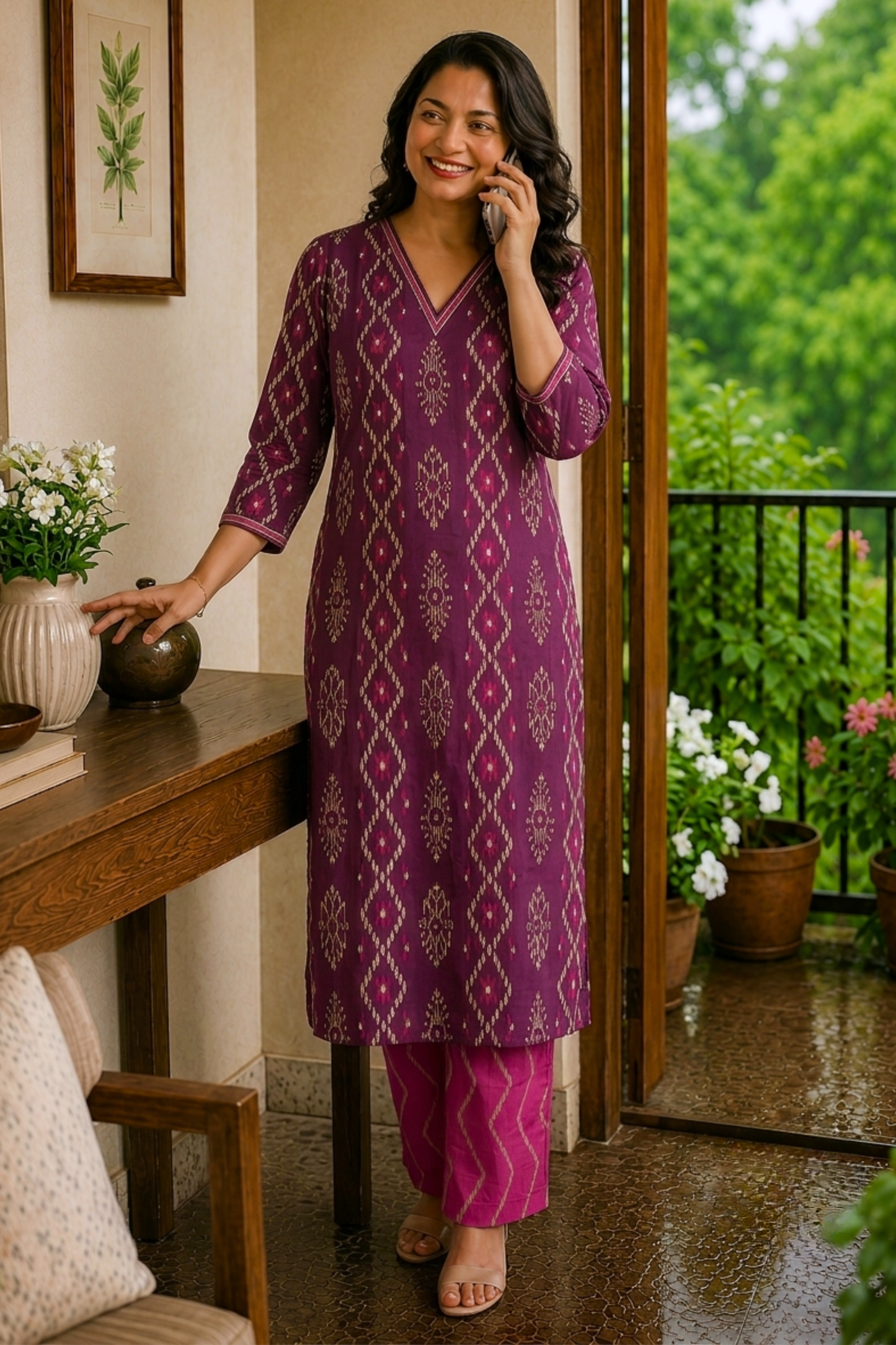 Plum Ikat Printed Cotton Kurta Set