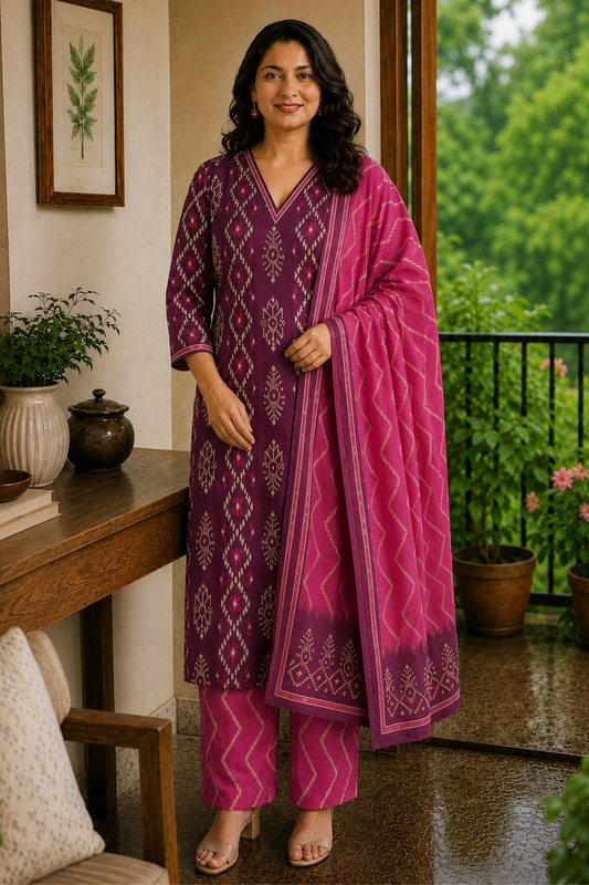 Plum Ikat Printed Cotton Kurta Set