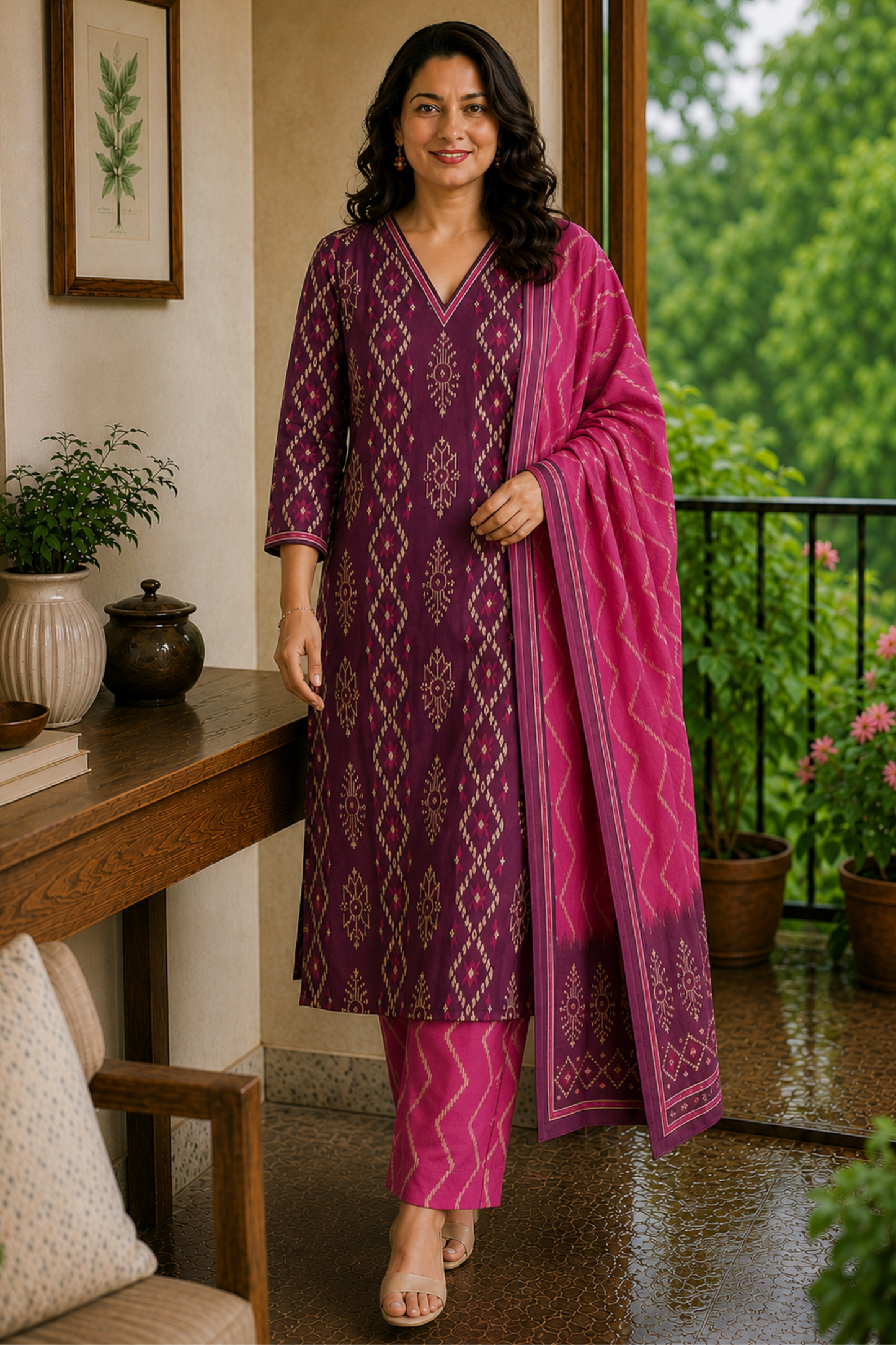 Plum Ikat Printed Cotton Kurta Set