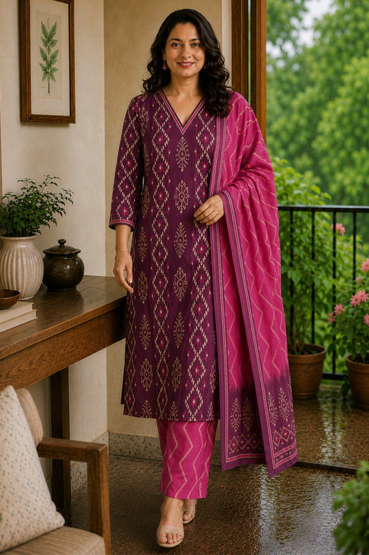Plum Ikat Printed Cotton Kurta Set