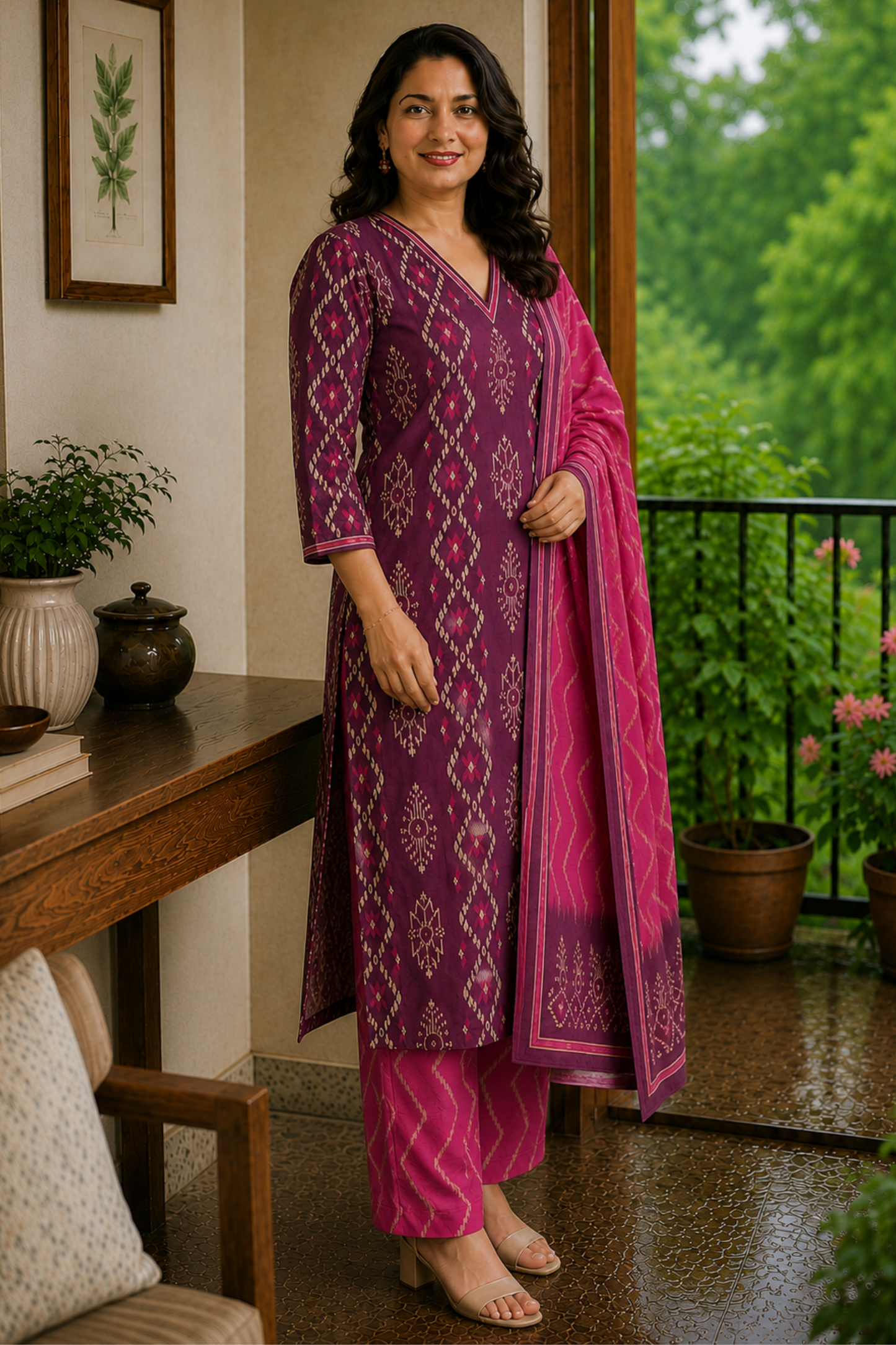 Plum Ikat Printed Cotton Kurta Set