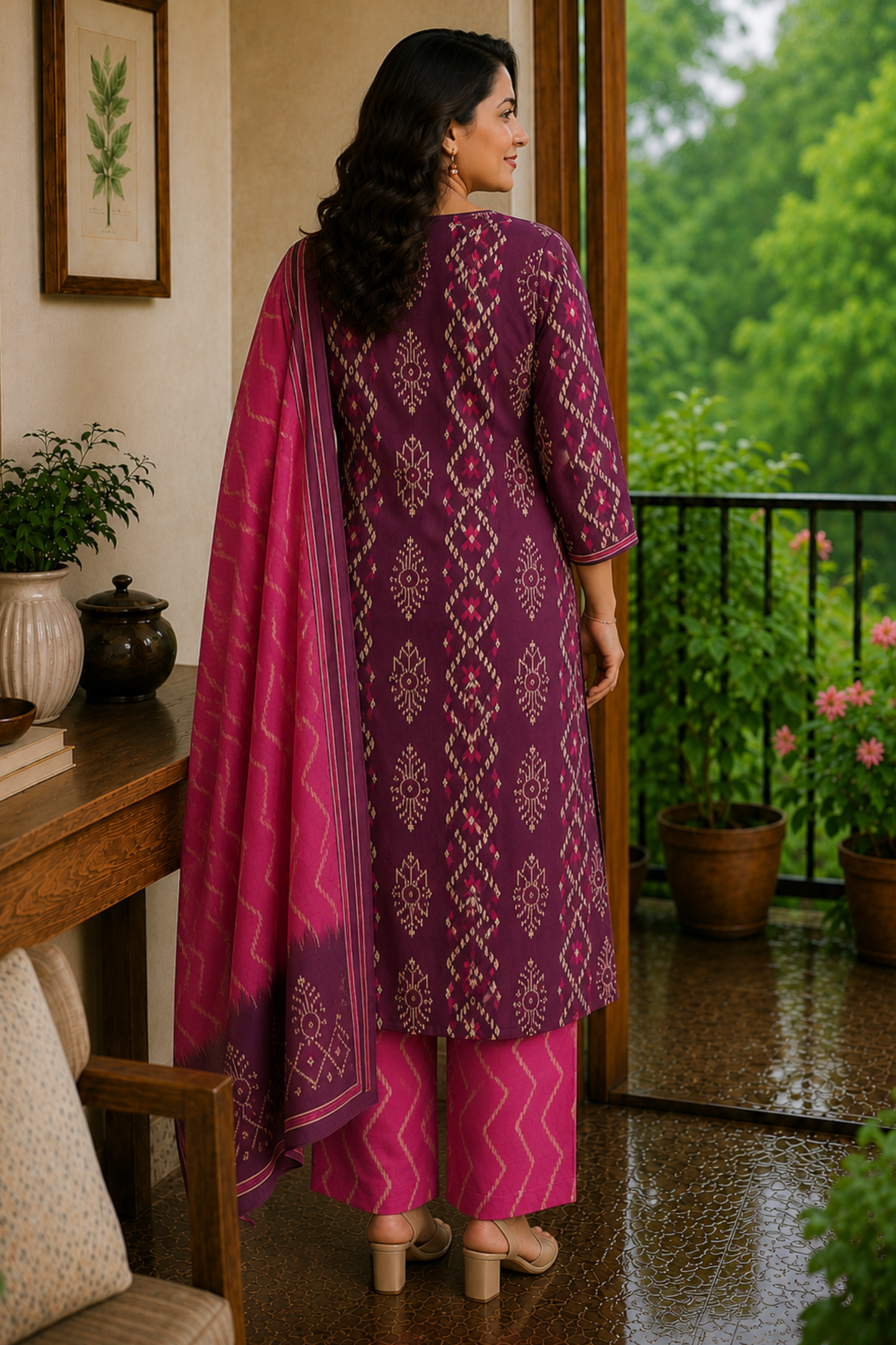 Plum Ikat Printed Cotton Kurta Set