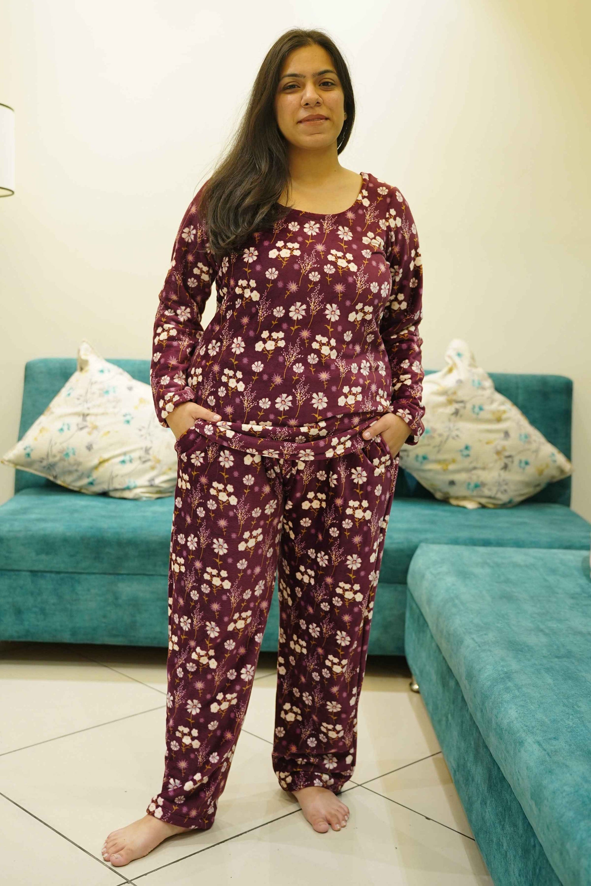 Plum Rose Velvet Night Suit