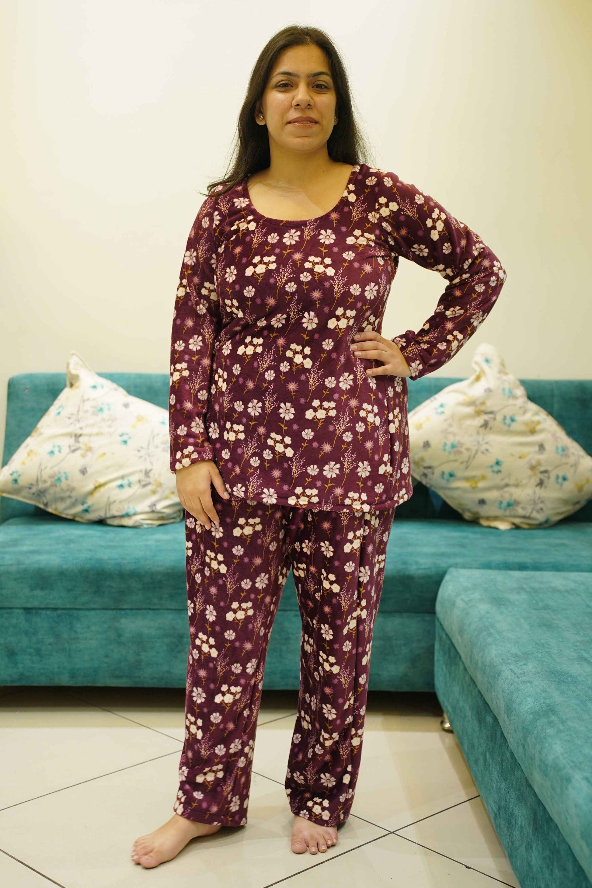 Plum Rose Velvet Night Suit