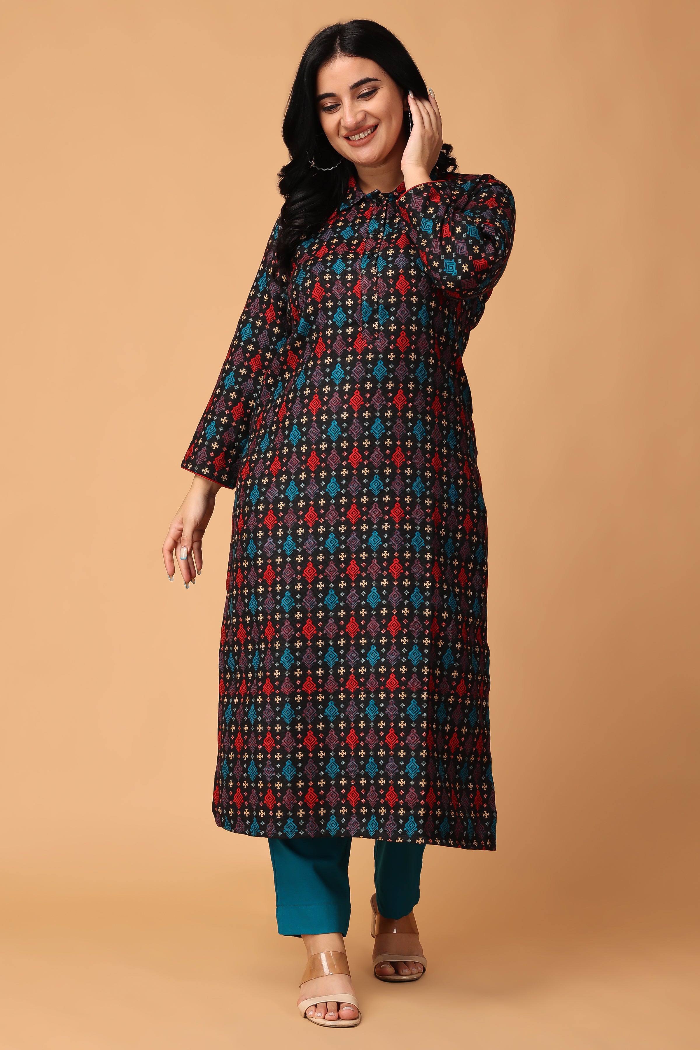HIFZAA Winter Wool Kurta for Women Woolen Kurti A-line Womens Printed Front  Open Buttoned : Amazon.in: Fashion