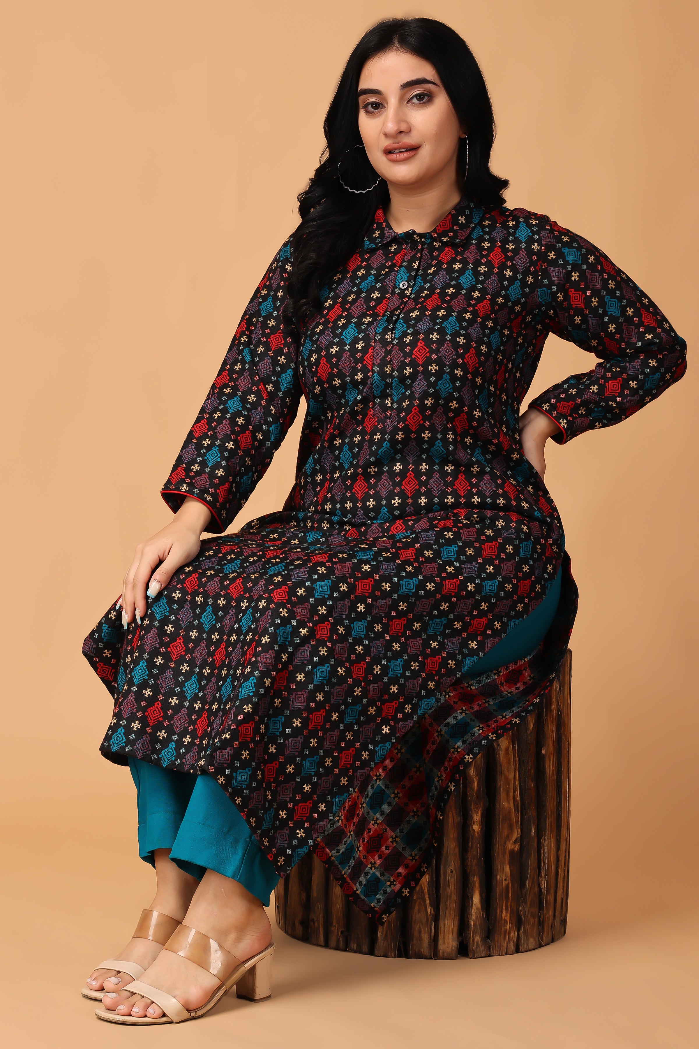 Maroon Printed Woolen Kurta with Velvet Yoke – Lakshita