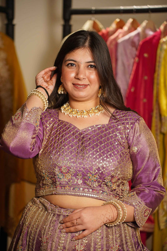 Rivaya Lavender Tissue Lehenga With Zari Embroidery