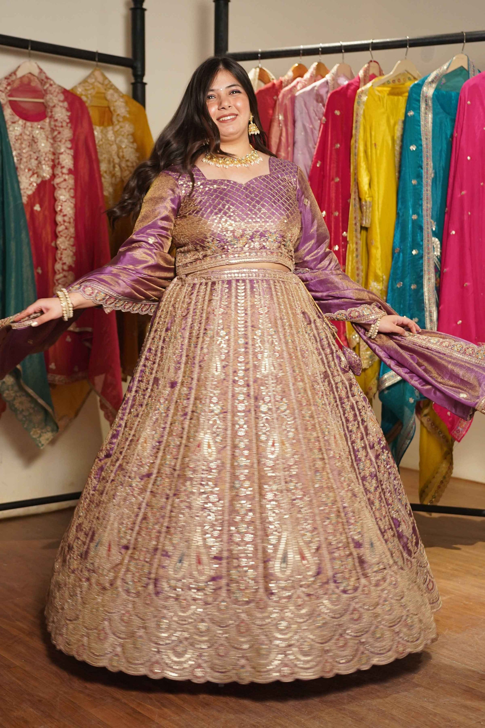 Rivaya Lavender Tissue Lehenga With Zari Embroidery