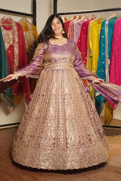Rivaya Lavender Tissue Lehenga With Zari Embroidery